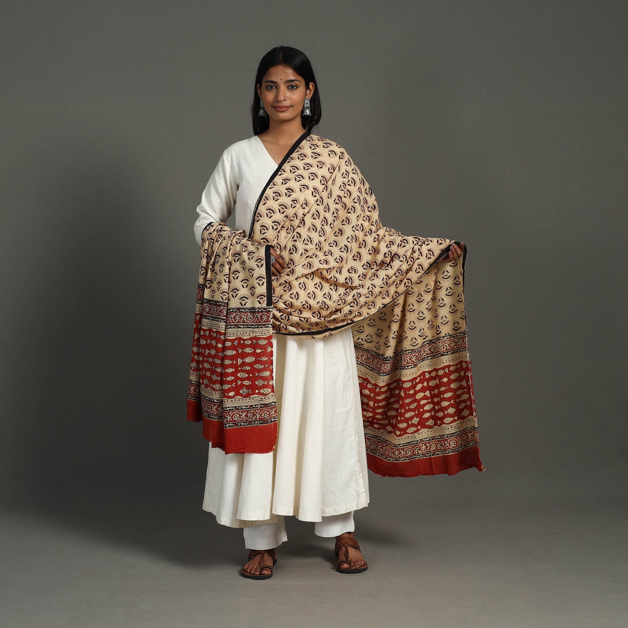 ARTISAN HAND BLOCK PRINTS Beige - Block Print Mul Cotton Bagru Dupatta 29