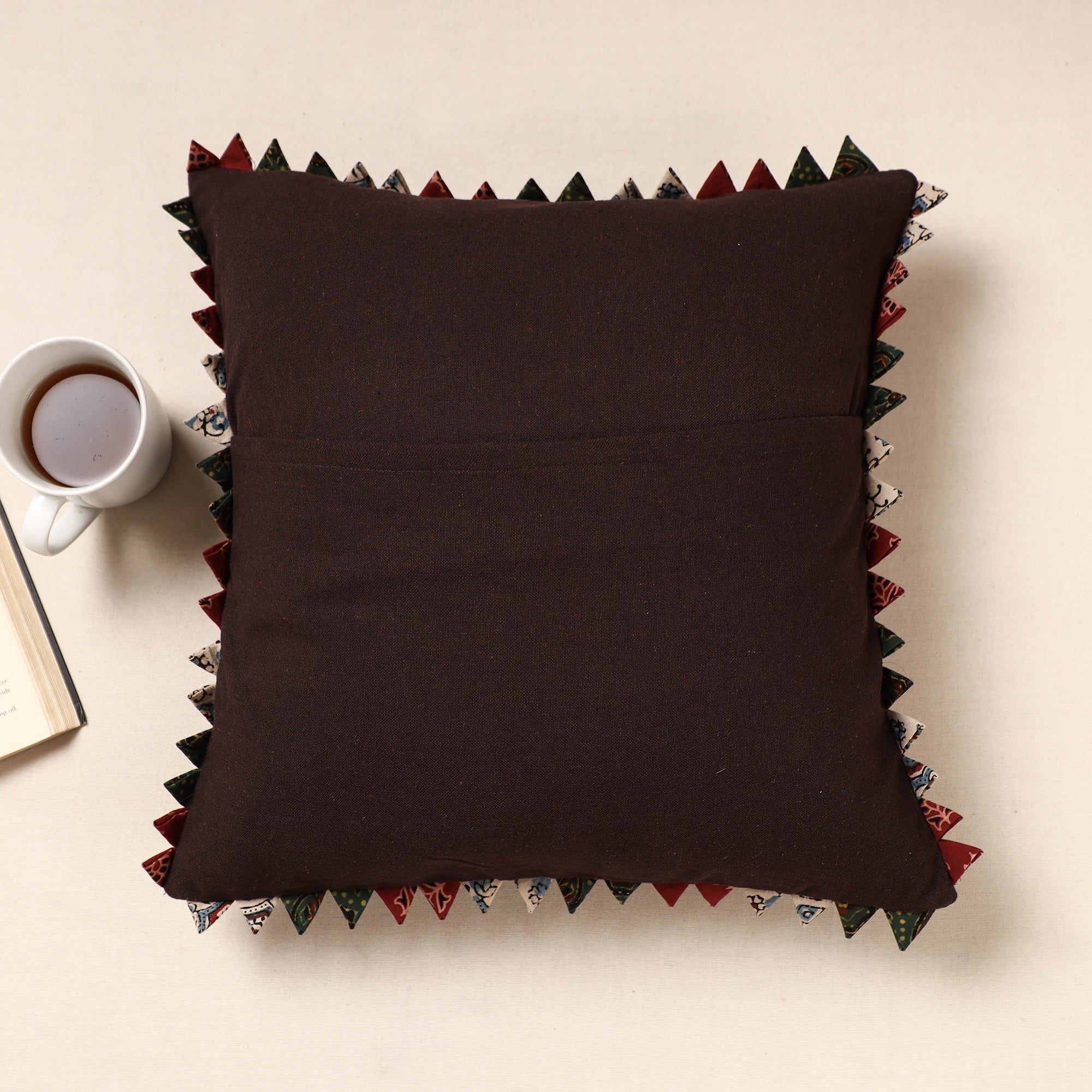 Brown - Kala Raksha Tagai Work Cotton Cushion Cover (16 x 16 in) - view 3