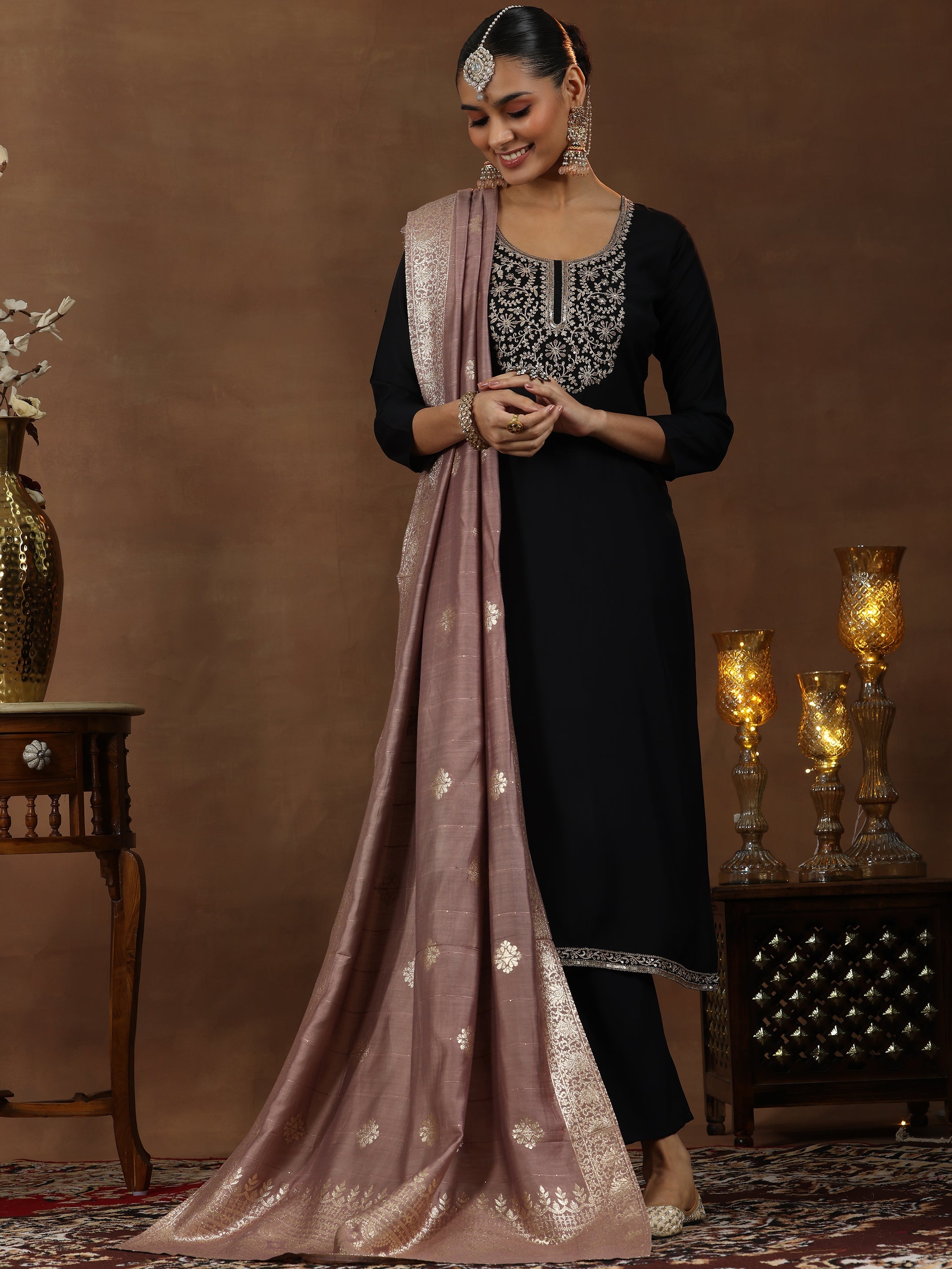 Gerua By Libas Black Yoke Design Silk Blend Straight Suit With Dupatta