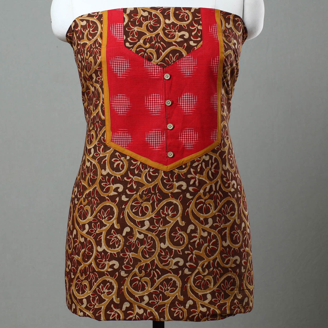 NOORI BAZAR Brown - Kalamkari Print Cotton Kurta Material with Patchwork (3m) 03 - view 3