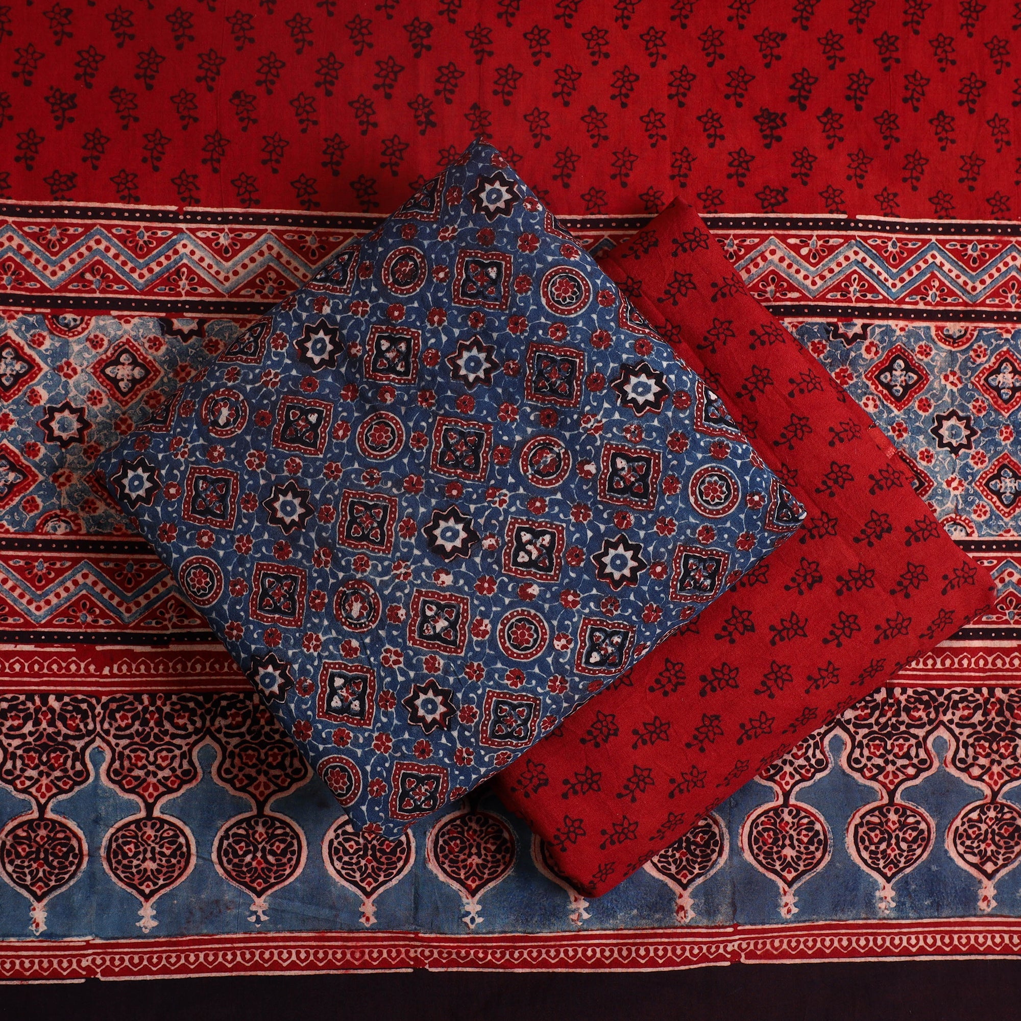 AJRAKH BY SUFIYAN ISMAIL KHATRI Blue - Hand Block Print Cotton 3pc Ajrakh Dress Material 02 - view 2