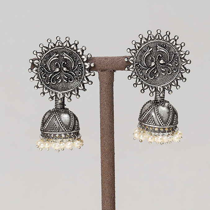 WHITE RIVER STORIES Antique Silver Finish Oxidised Brass Base Jhumki Earrings - view 2