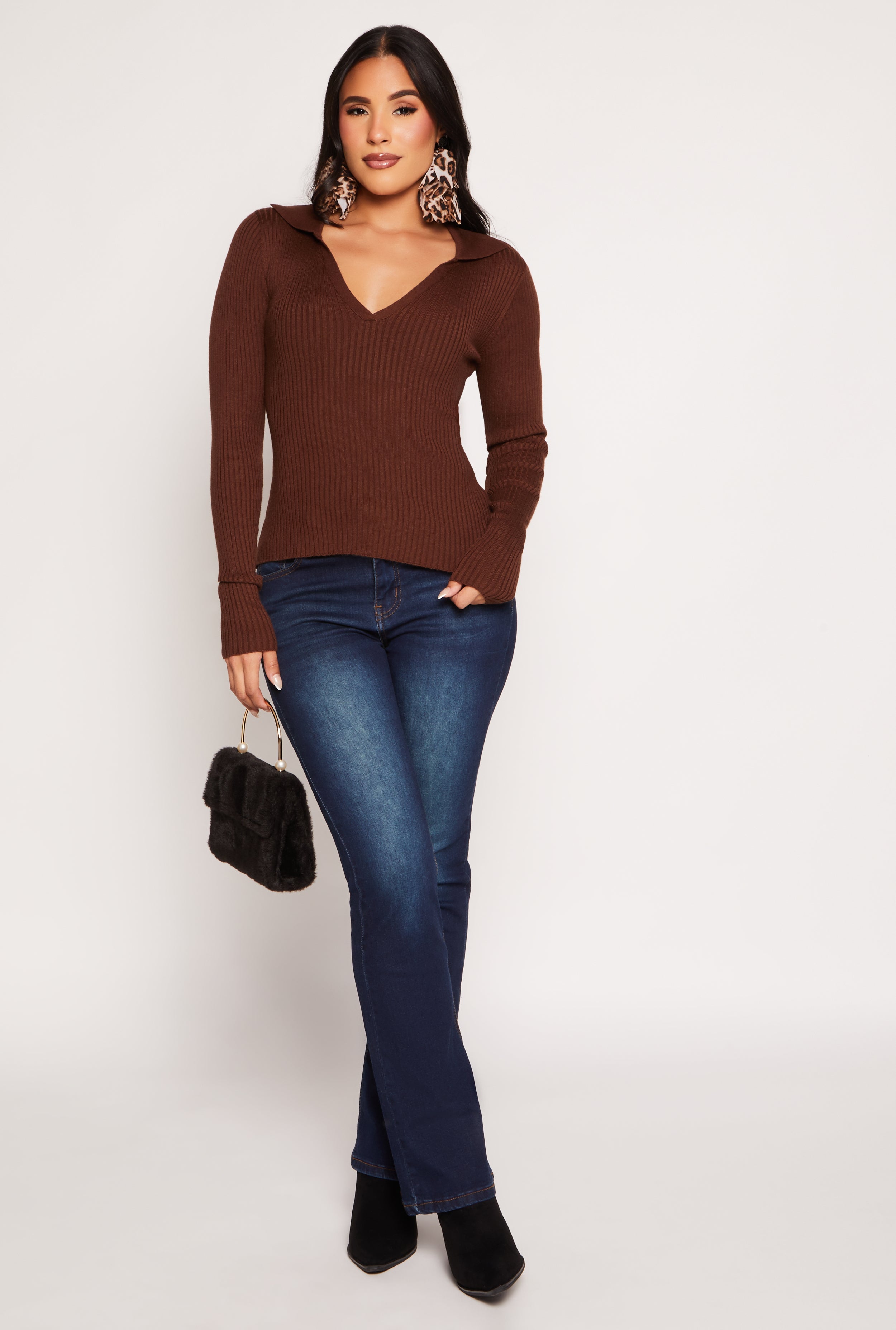Rainbow Shops Ribbed Knit Johnny Collar Sweater - view 2
