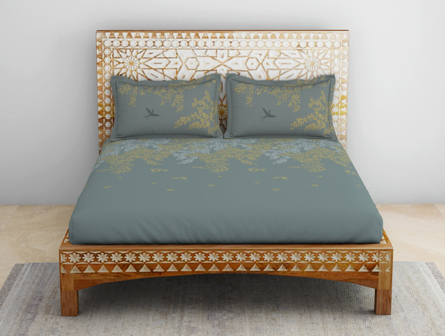 Spaces India Gara Floral Grey 100% Cotton King Size Bedsheet - Rangana by Spaces