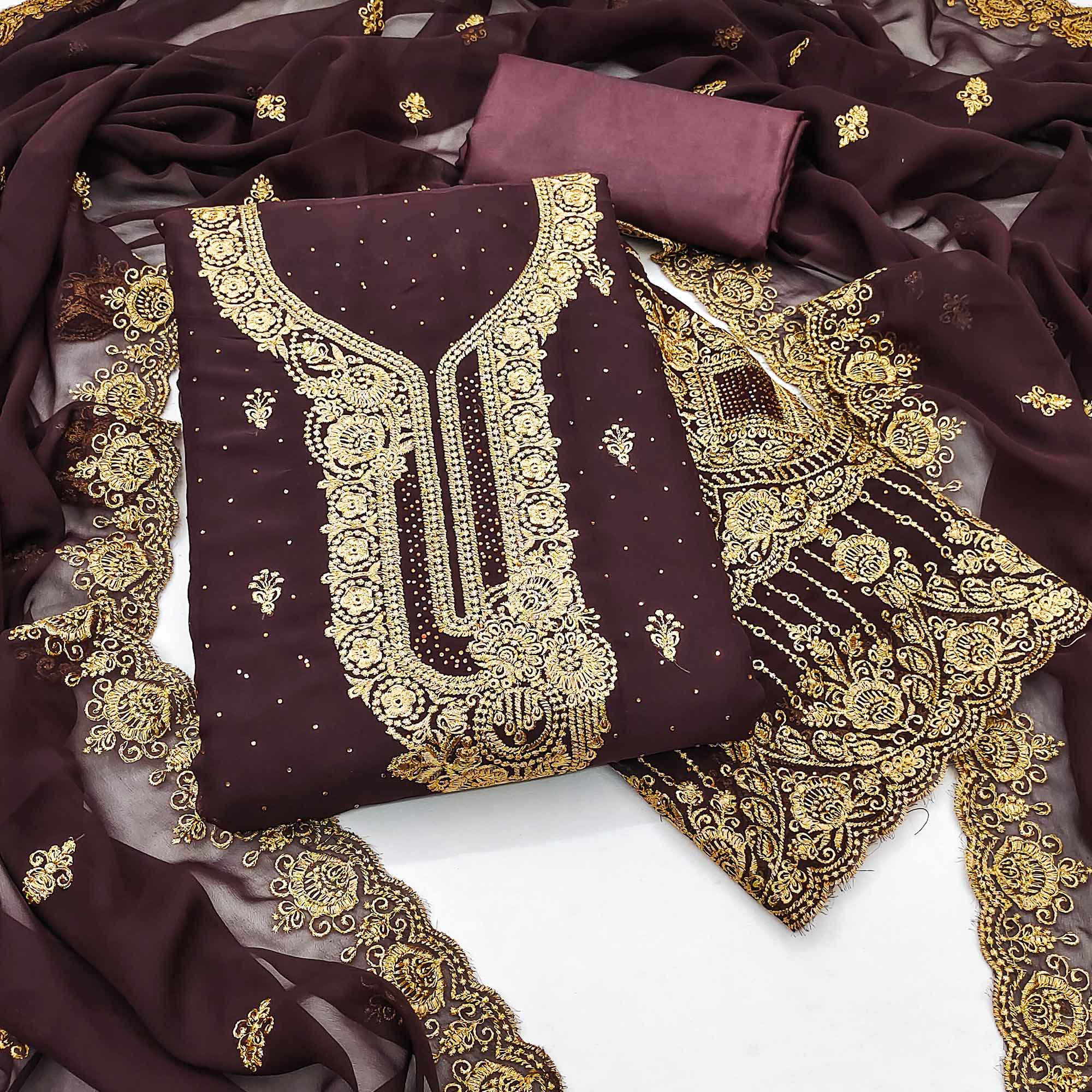 Peachmode Brown Embroidered With Swarovski Work Georgette Dress Material