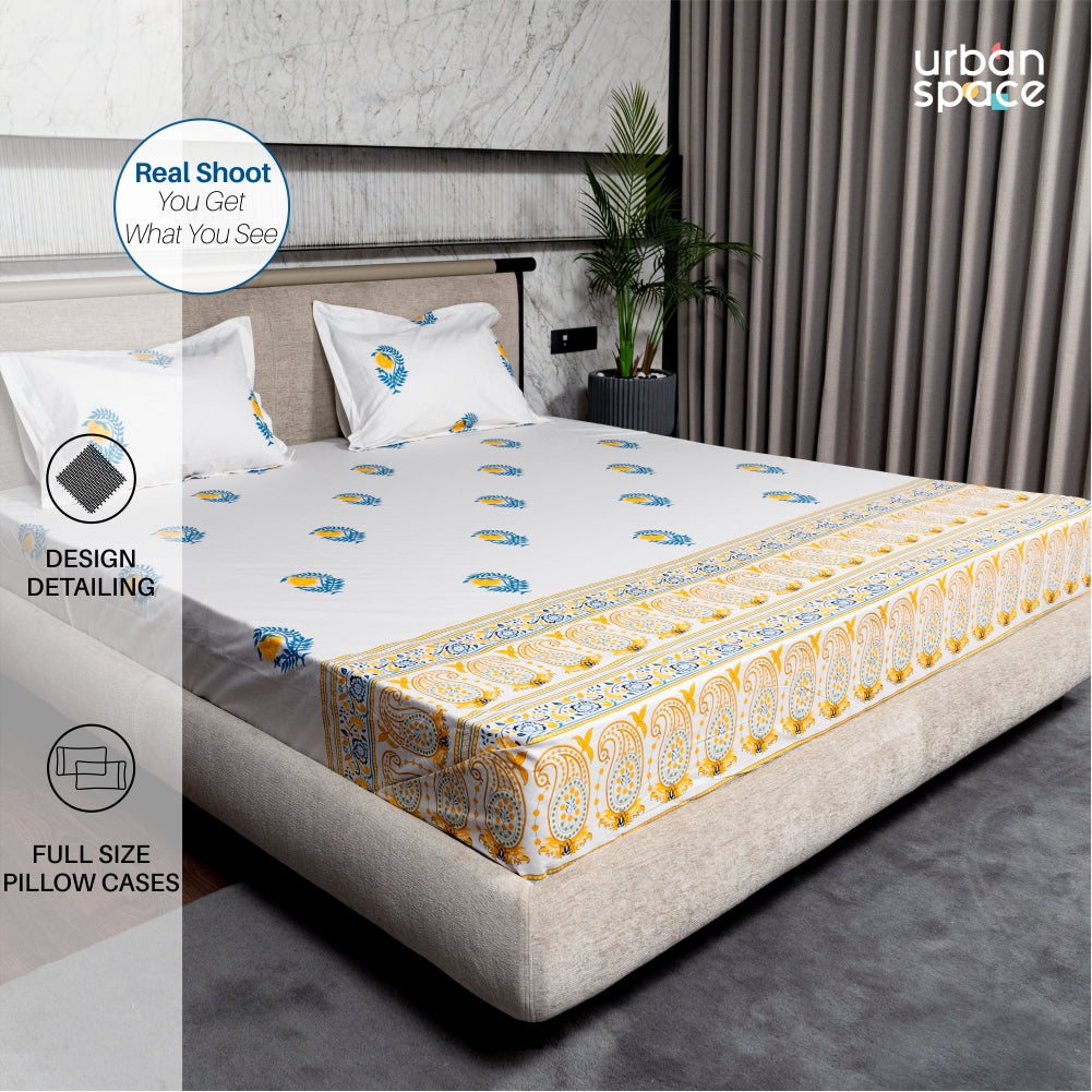 Urban Space -Home Furnishing Store Regal Collection - Breathable 200 TC 100% Pure Cotton Bedsheet with Pillow Cover, Ethnic Motif - Yellow - view 4