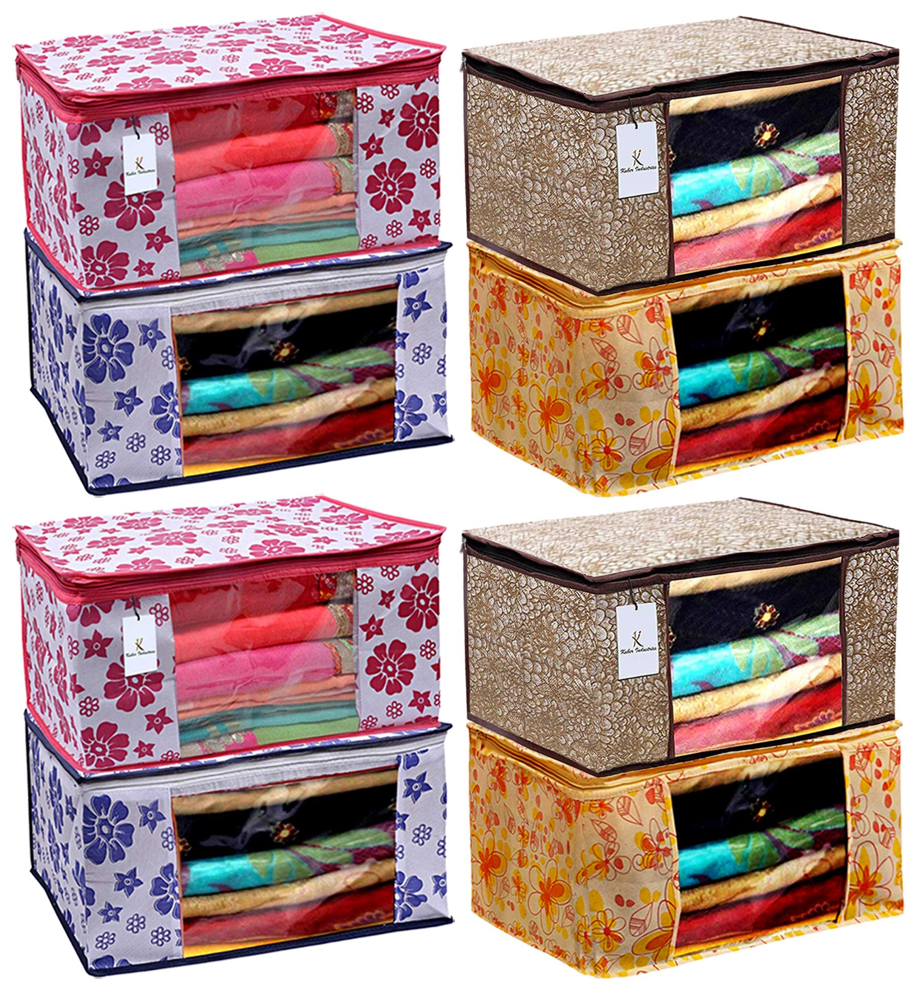 Kuber Industries Metalic & Flower Printed 8 Piece Non Woven Fabric Saree Cover Set with Transparent Window, Extra Large, Pink & Blue & Ivory Red & Gol