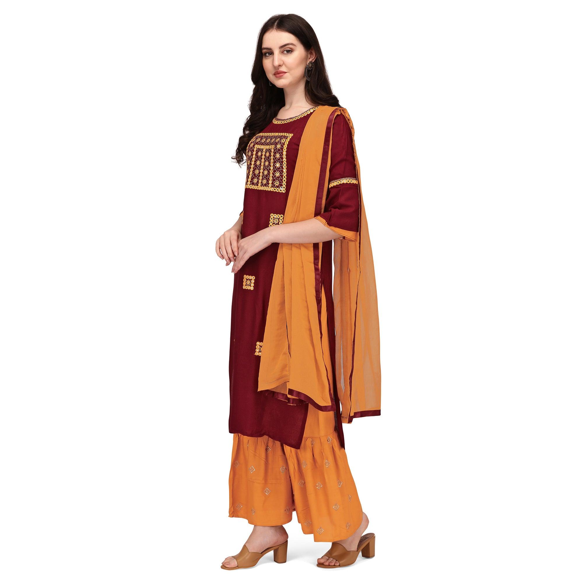 Peachmode Seller Maroon Embroidered Rayon Palazzo Suit - view 4