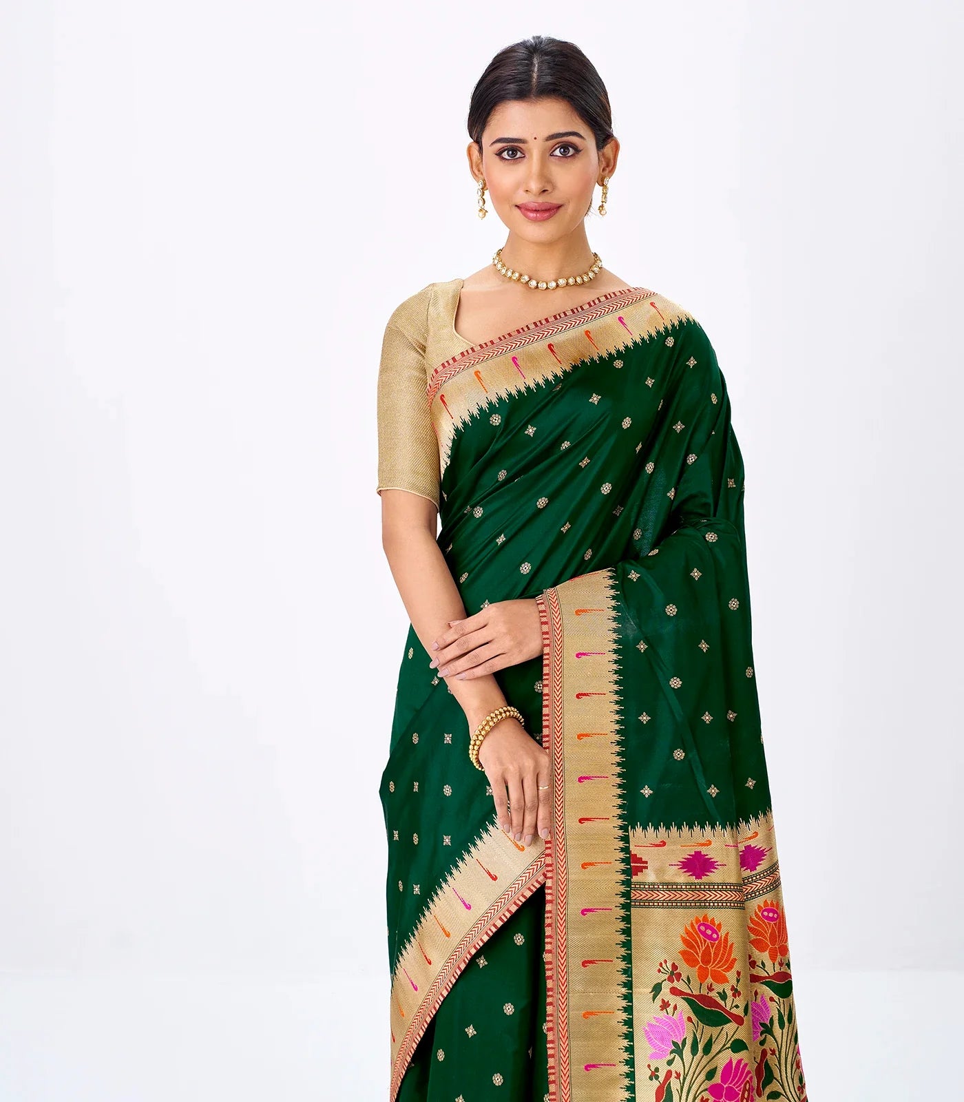 RmKV Bottle Green Handwoven Banarasi Silk Saree With Floral Buttas - view 2
