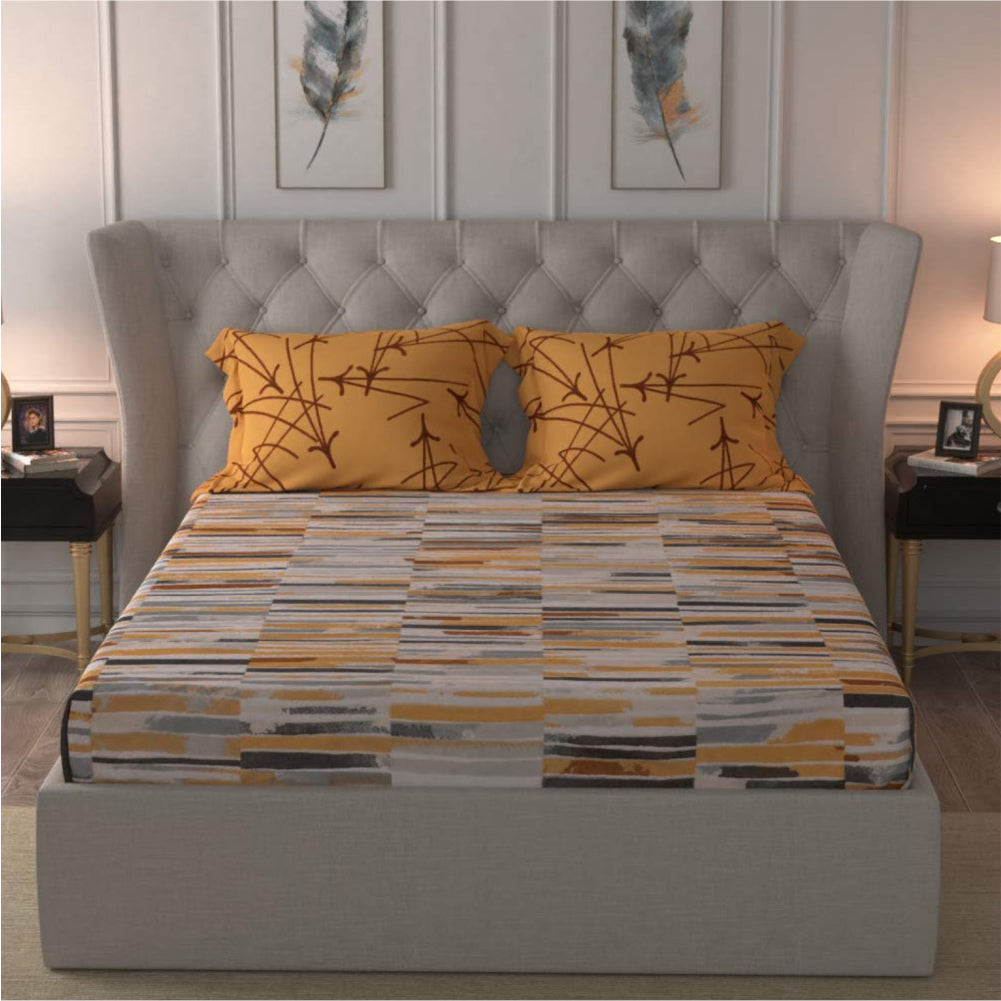 Urban Space -Home Furnishing Store Fitted King Size Cotton Bedsheet - Stripes Mustard