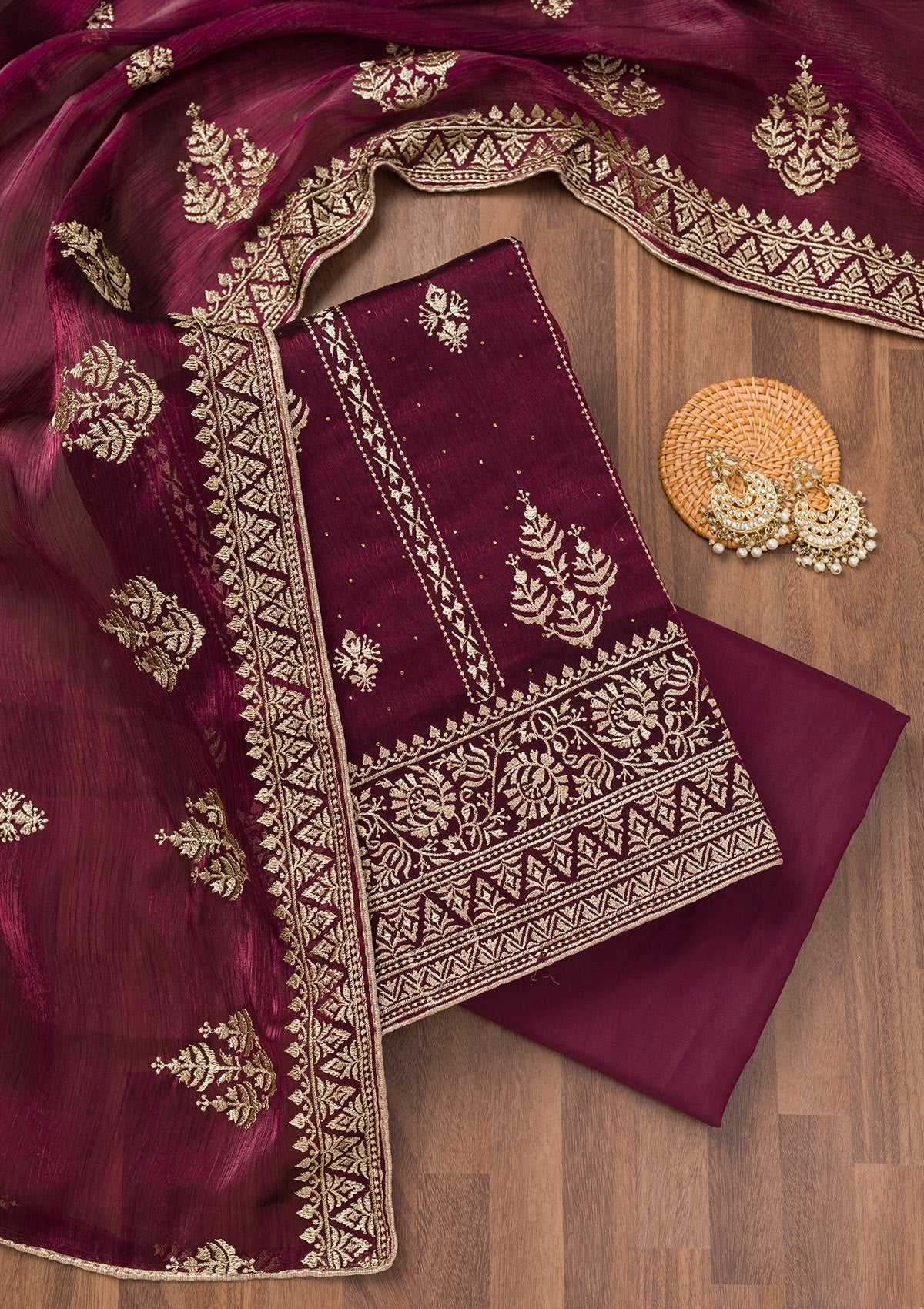 Koskii Wine Zariwork Semi Crepe Unstitched Salwar Suit