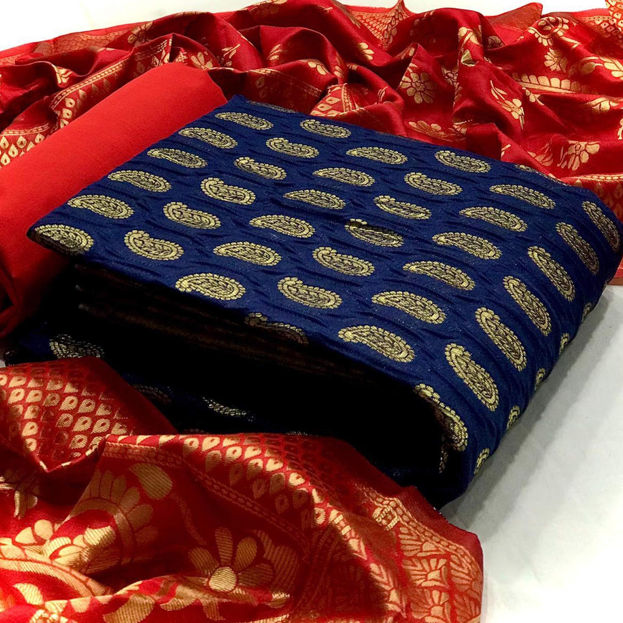 Peachmode Intricate Blue Colored Casual Wear Woven Banarasi Silk Dress Material