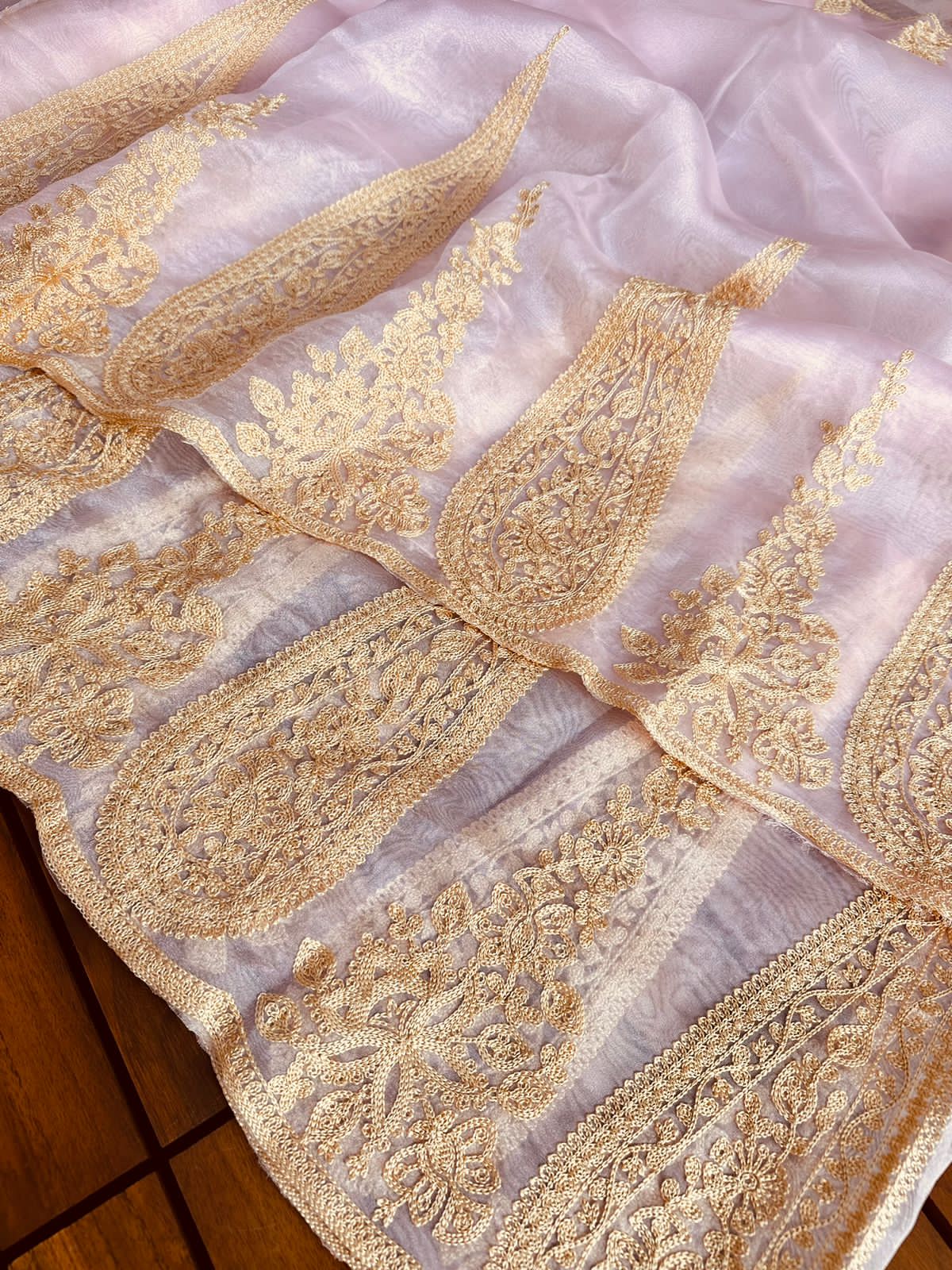 ClothsVilla Baby Pink Semi-Pure Organza Saree with Exquisite Lucknowi Work & Matching Blouse - view 7