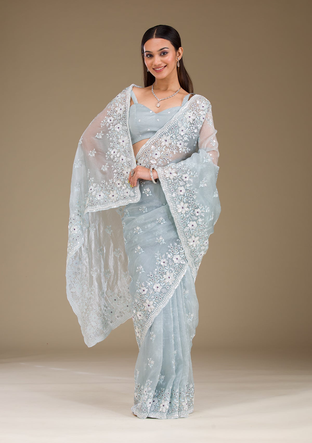 Koskii Light Grey Sequins Tissue Saree – Women's