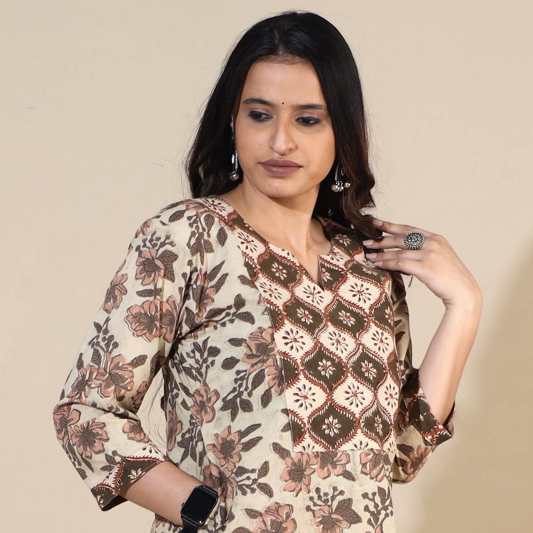 ITOKRI CASUALS Beige - Bagru Hand Block Printed Cotton Long Straight Kurta