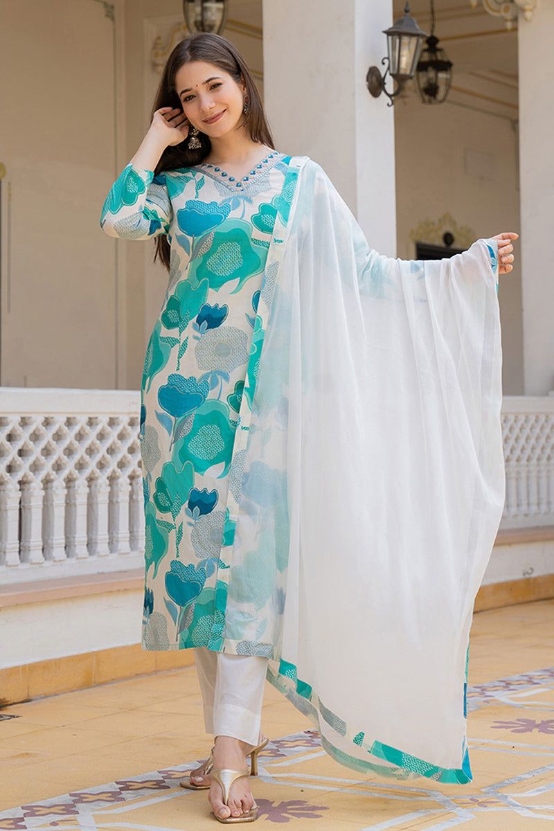 Ahika White Cotton Blend Floral Printed Straight Suit Set VKSKD2206 - view 6