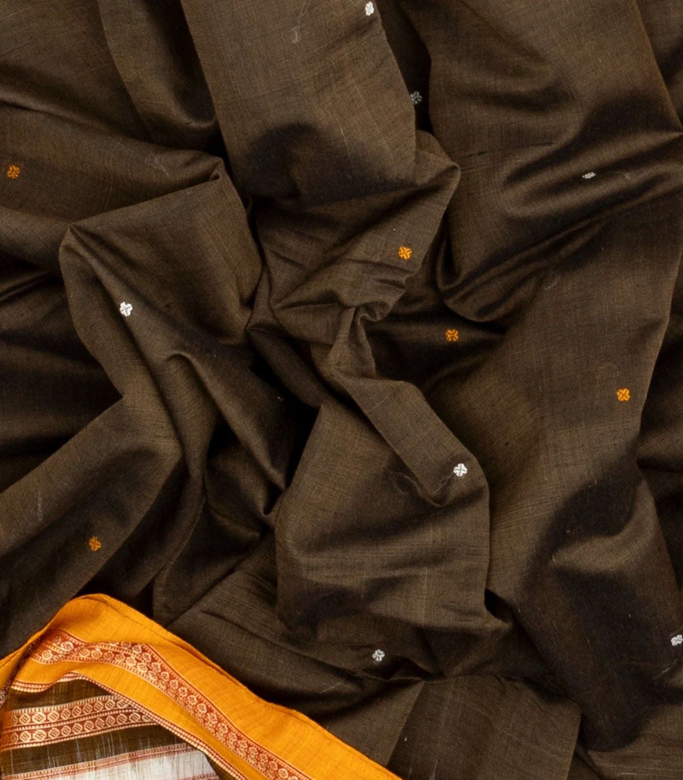 RmKV Dark Grey Handloom Orissa Cotton Saree With Mustard Tie & Dye Motifs - view 3