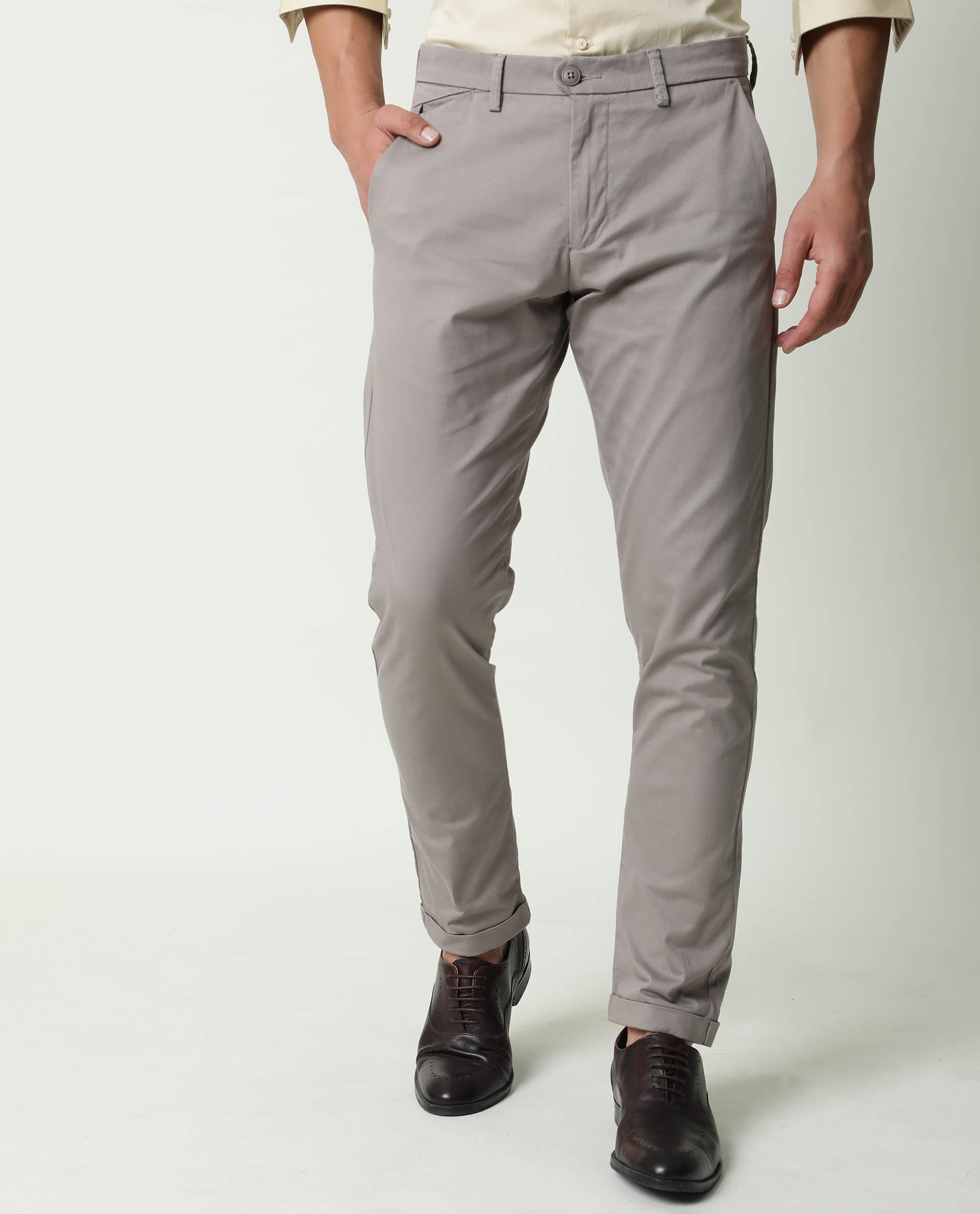 Rare Rabbit Aps Primary Grey Trouser Cotton Elastane Fabric Slim Fit Button & Zip Closure
