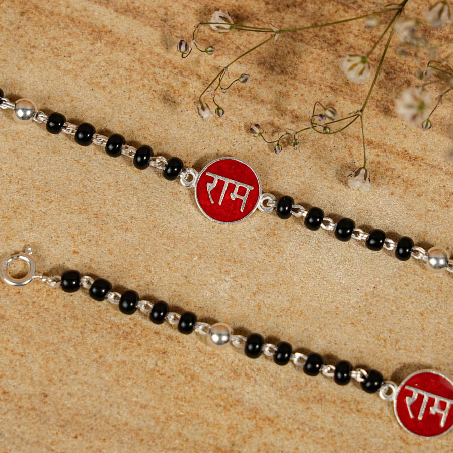 Prinjal Jewellers black beads Ram silver nazariya for kids