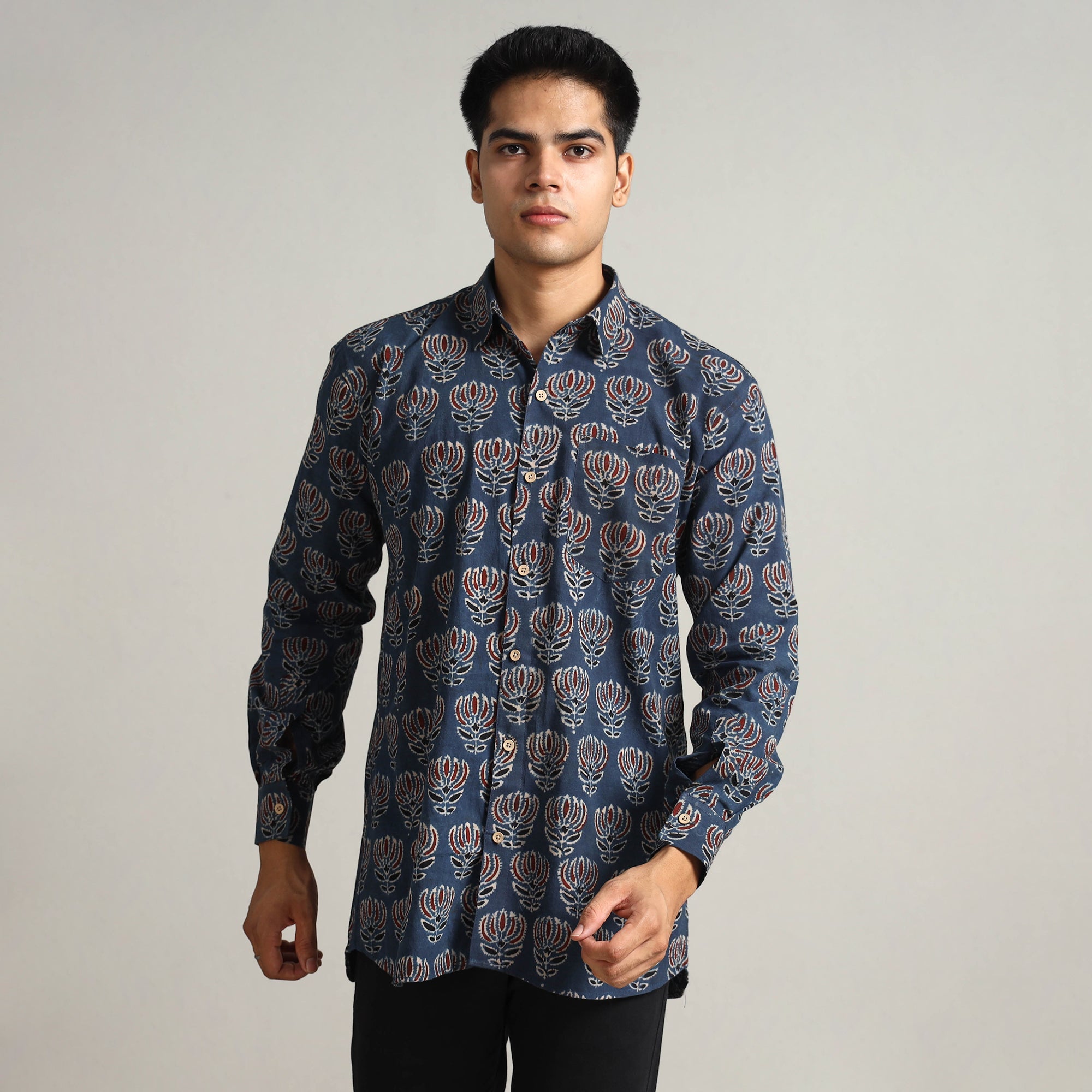 ITOKRI CASUALS Blue - Ajrakh Block Printed Cotton Men Full Sleeve Shirt 17