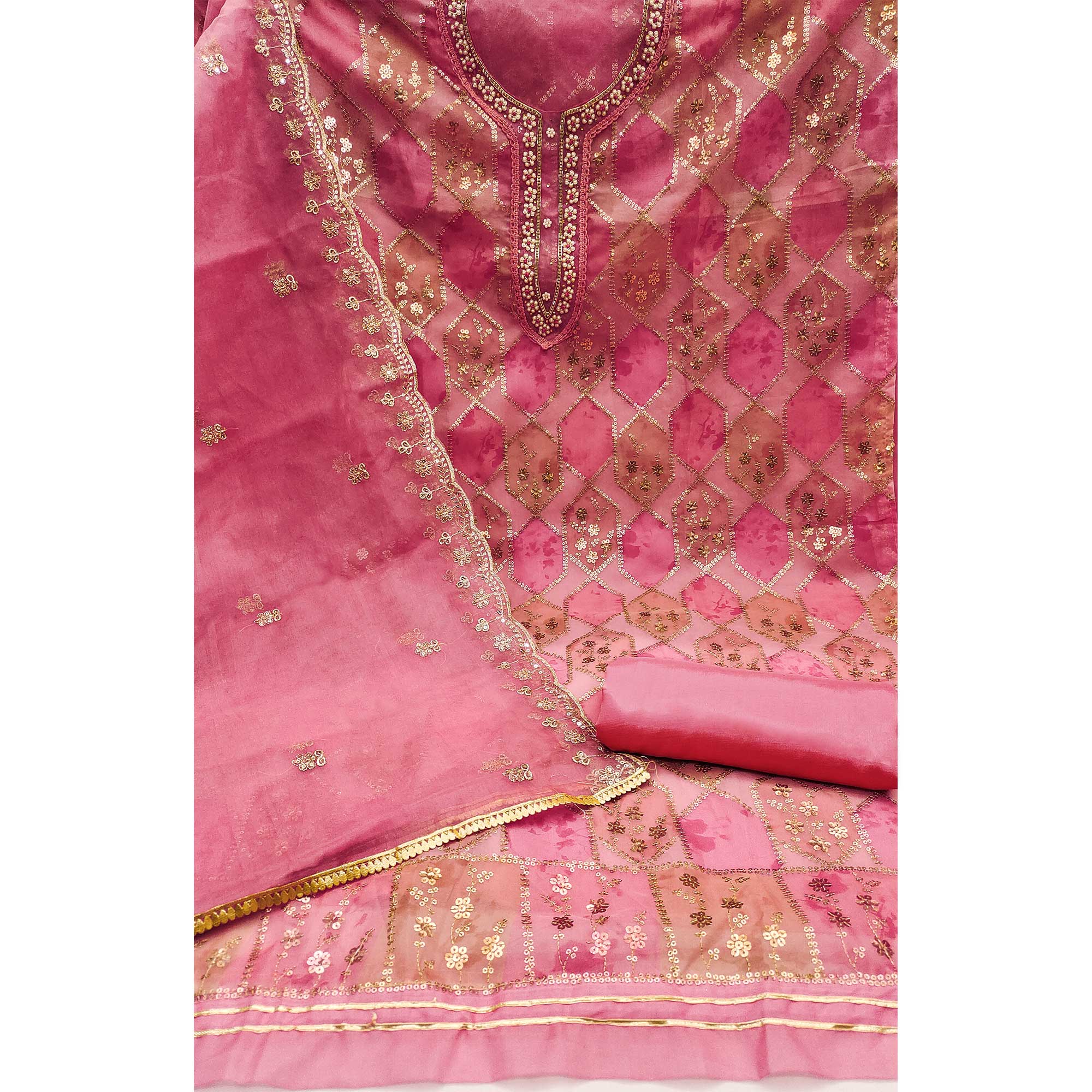 Peachmode Gajari Pink Sequins Embroidered With Handwork Organza Dress Material - view 3