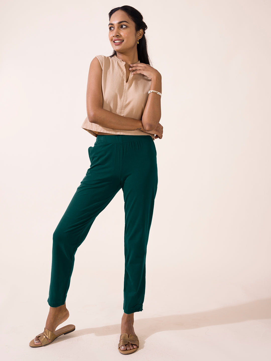 Go Colors Women Solid Dark Green Cotton Mid Rise Kurti Pants