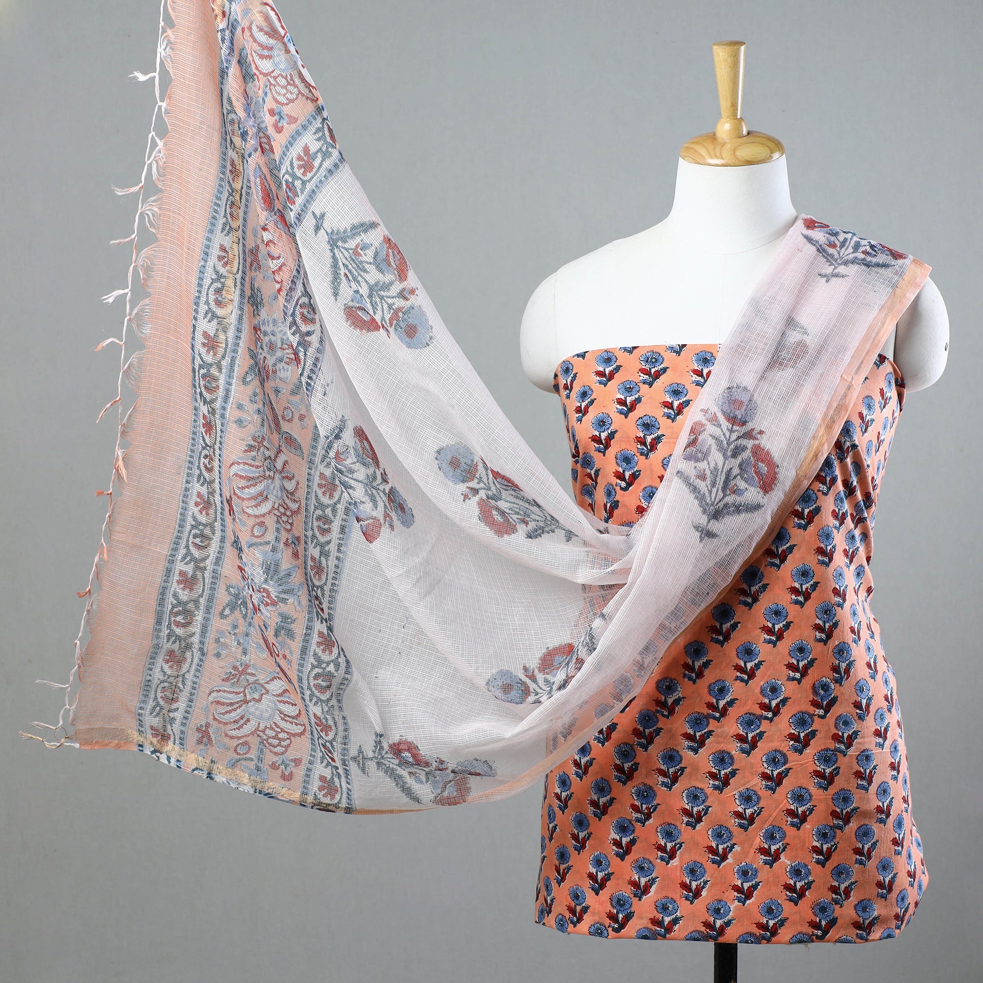 KUSUMLATA 3pc Sanganeri Block Printed Cotton Suit Material with Kota Doria Dupatta 11