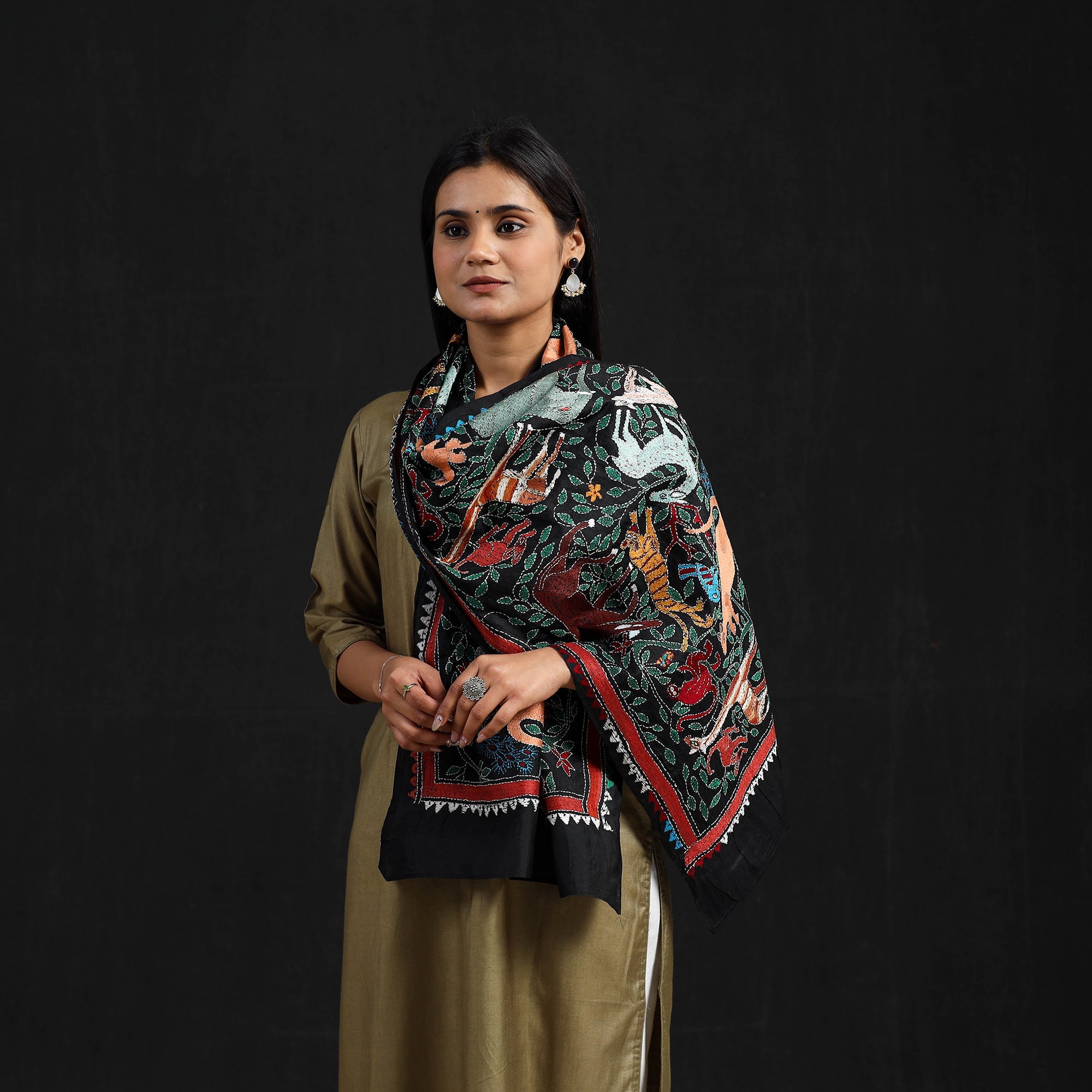 KHUSHBASH - HAPPY LOOM OF EAST Black - Handloom Silk Bengal Kantha Work Stole 26