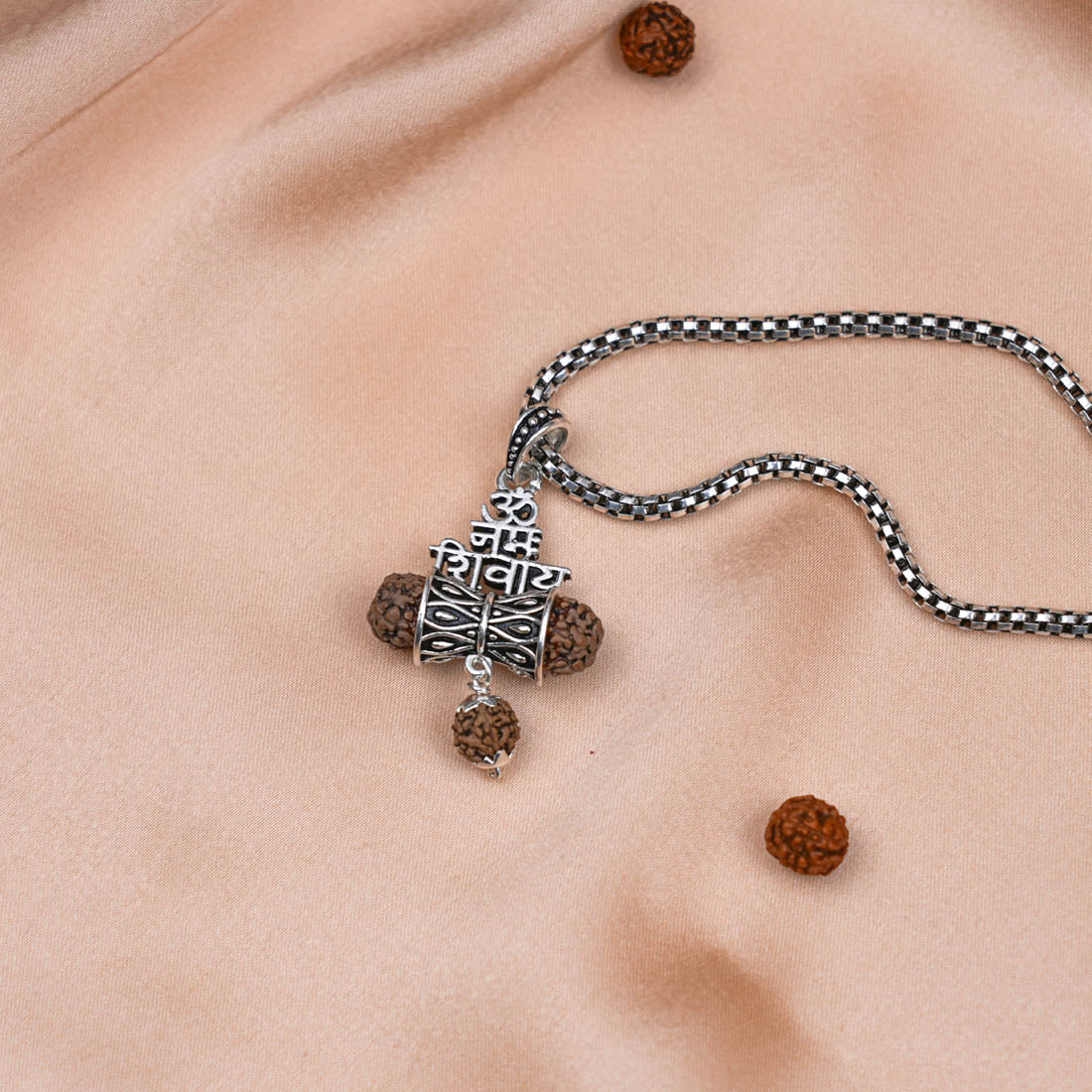 Prinjal Jewellers Rudraksha Om Namah Shivay Damru Pendant with Silver Chain