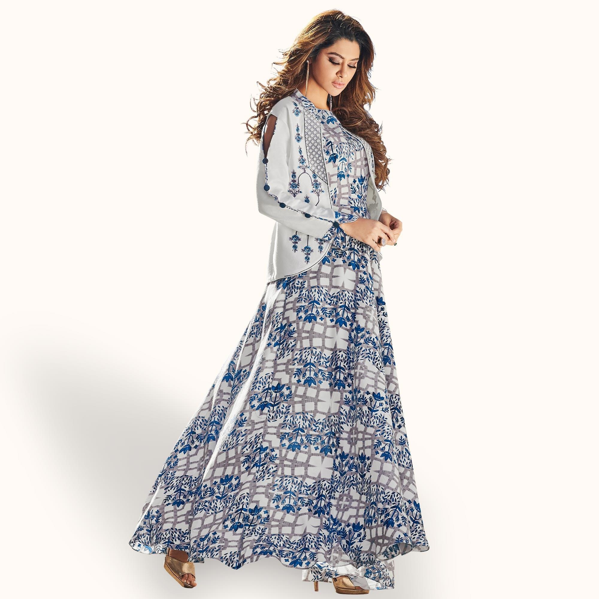 Peachmode Seller Flattering Light Gray-Blue Colored Party Wear Printed Rayon Kurti