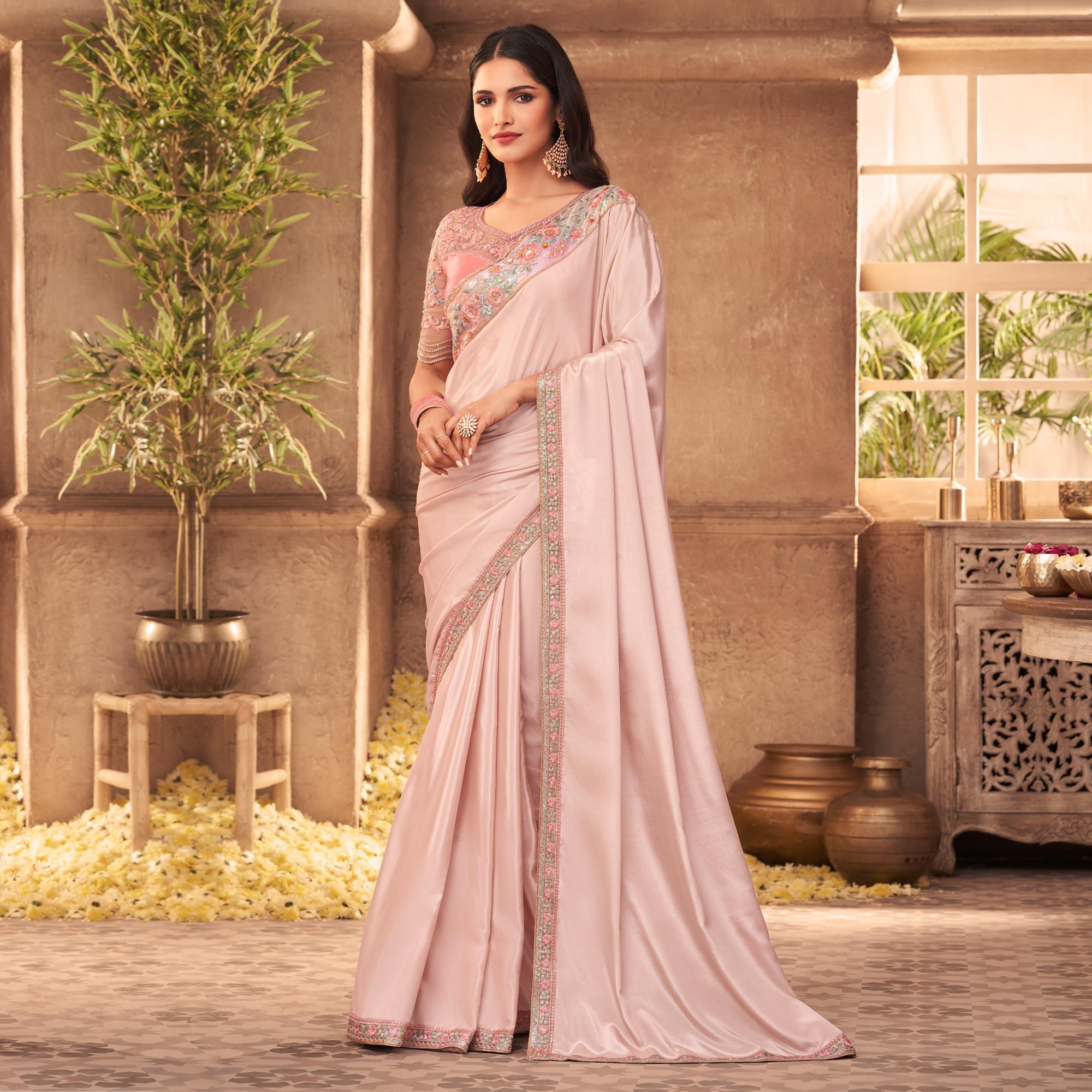 Peachmode Light Pink Partywear Embroidered Silk Saree - view 2