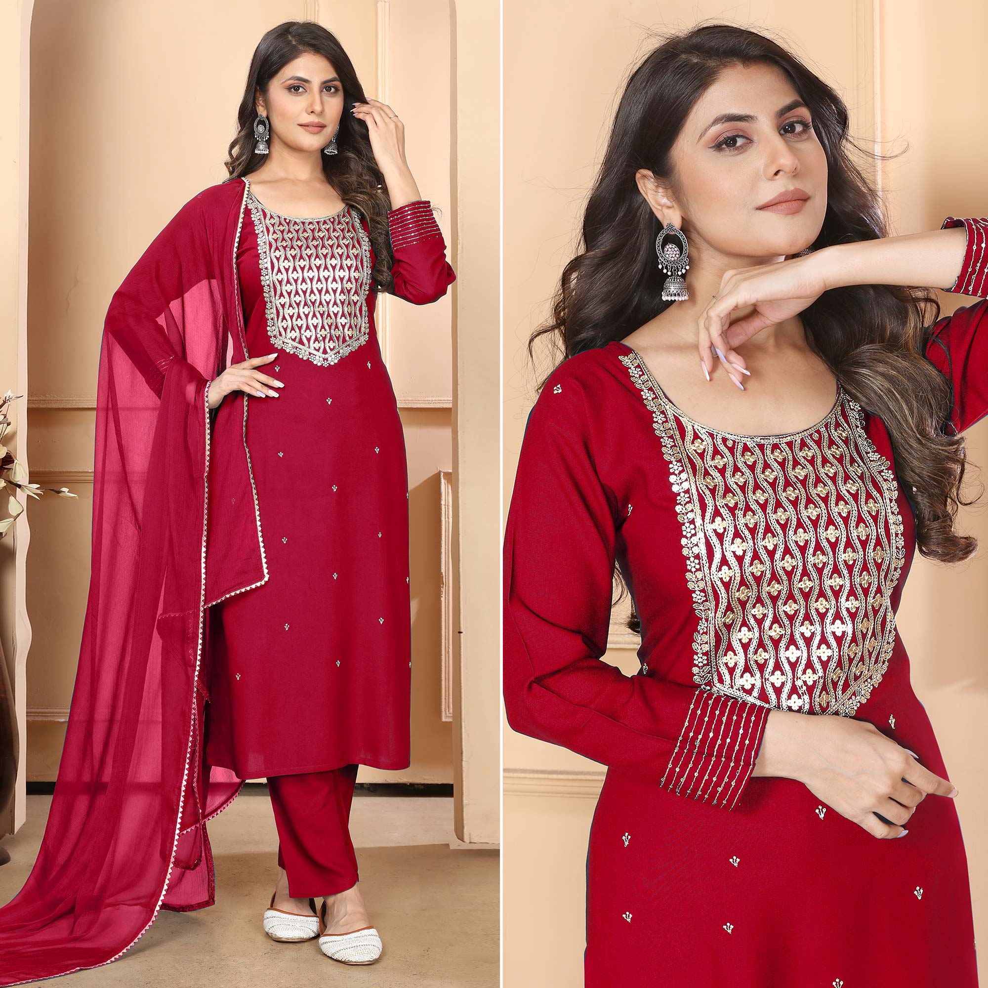 Peachmode Seller Maroon Sequins Embroidered Rayon Straight Salwar Suit