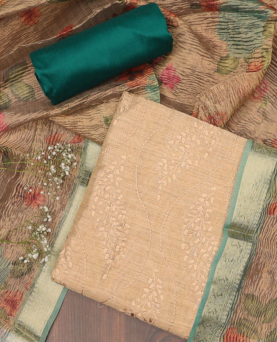 Pothys Sandal chudidhar material set, embroidered tissue top, contrast plain bottom & floral printed dupatta