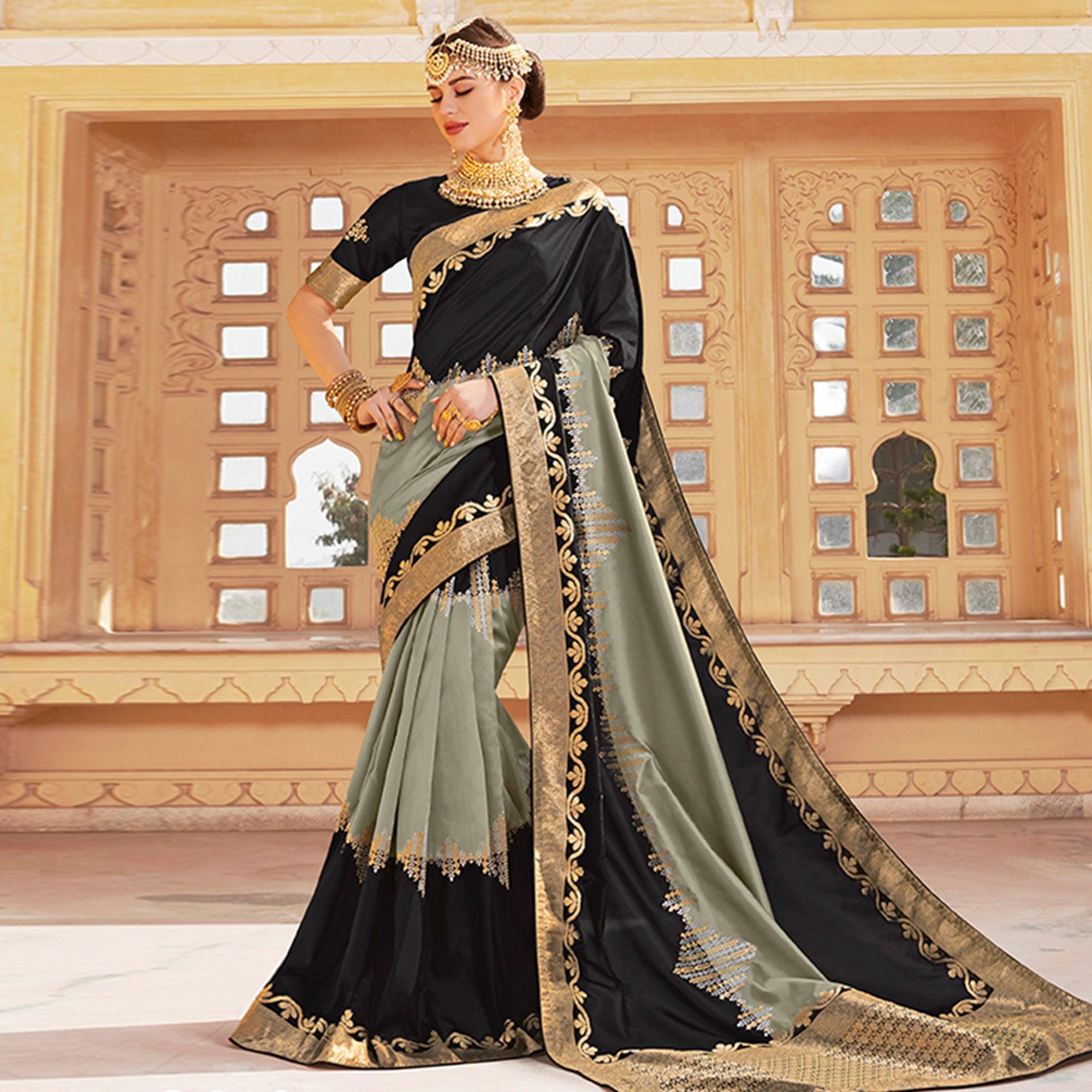 Peachmode Engrossing Black-Grey Colored Festive Wear Woven Silk Saree