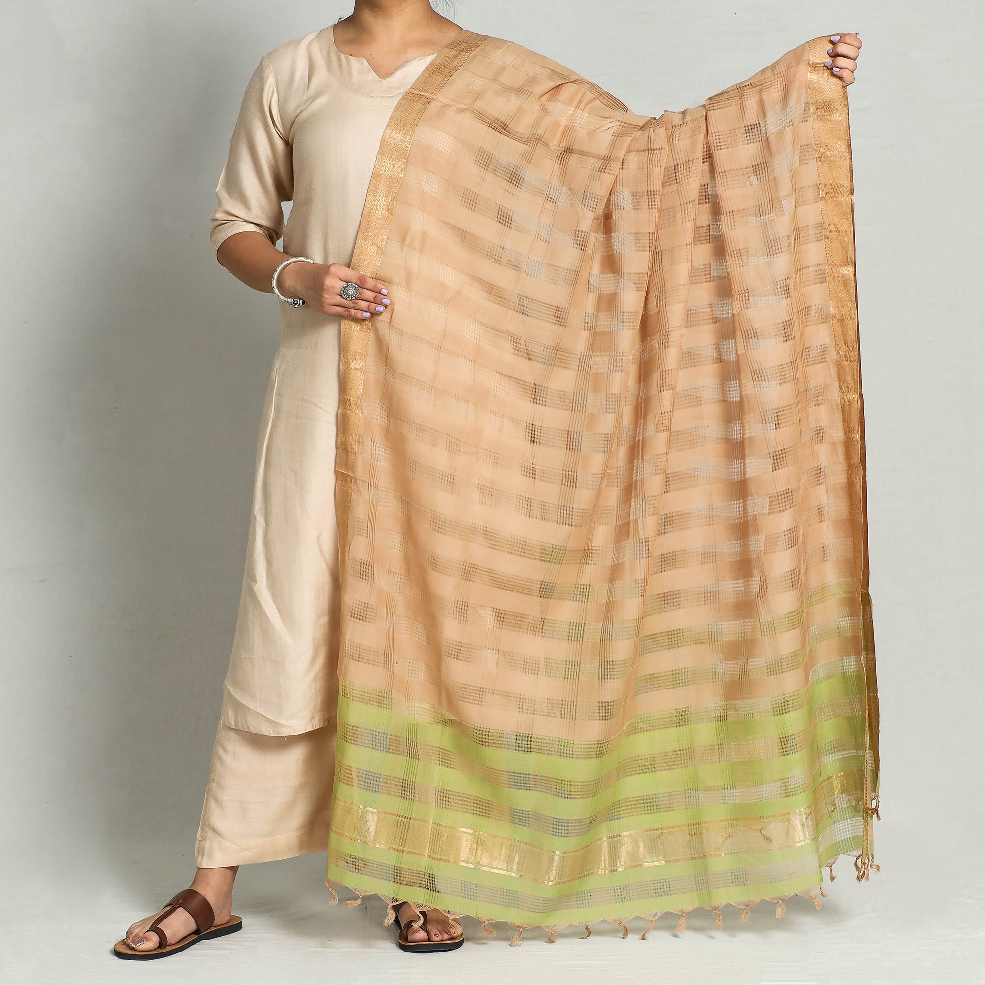 SOUTH KARGHA Brown - Original Mangalagiri Handloom Cotton Dupatta with Zari Border