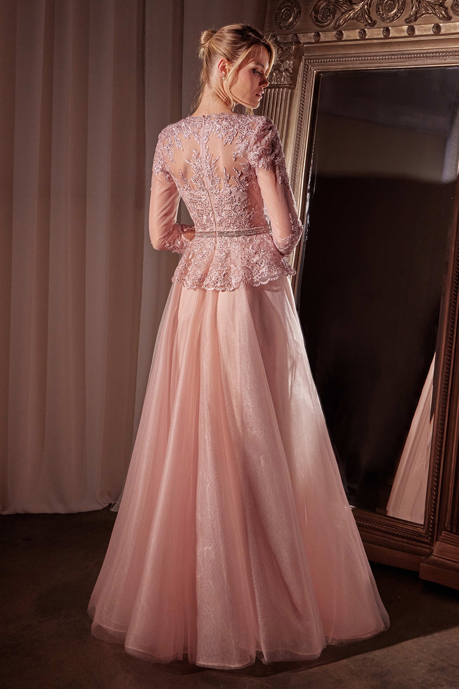 Cinderella Divine Applique 3/4 Sleeve A-line Gown by Ladivine CD789 - view 2