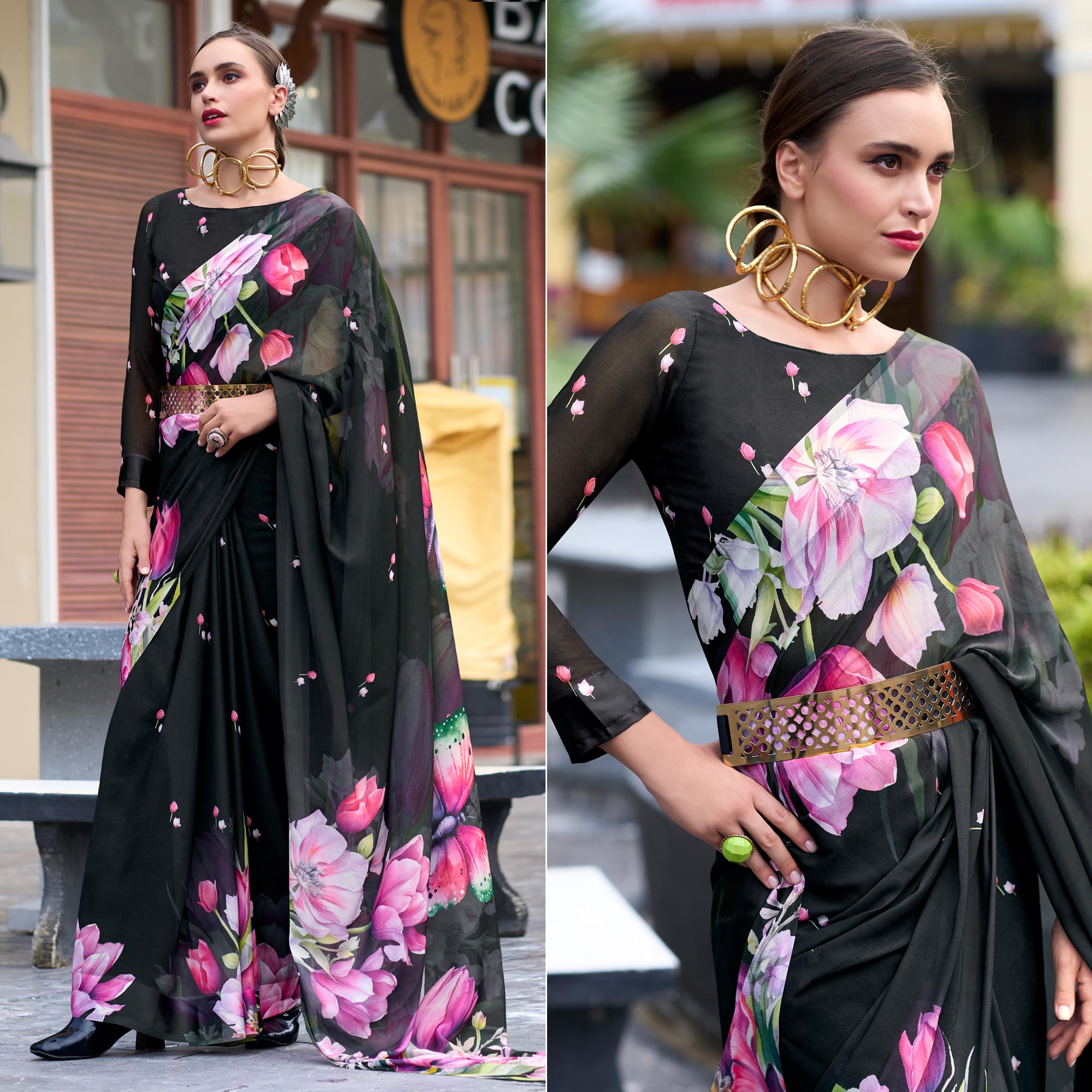 Peachmode Black Floral Printed Georgette Saree