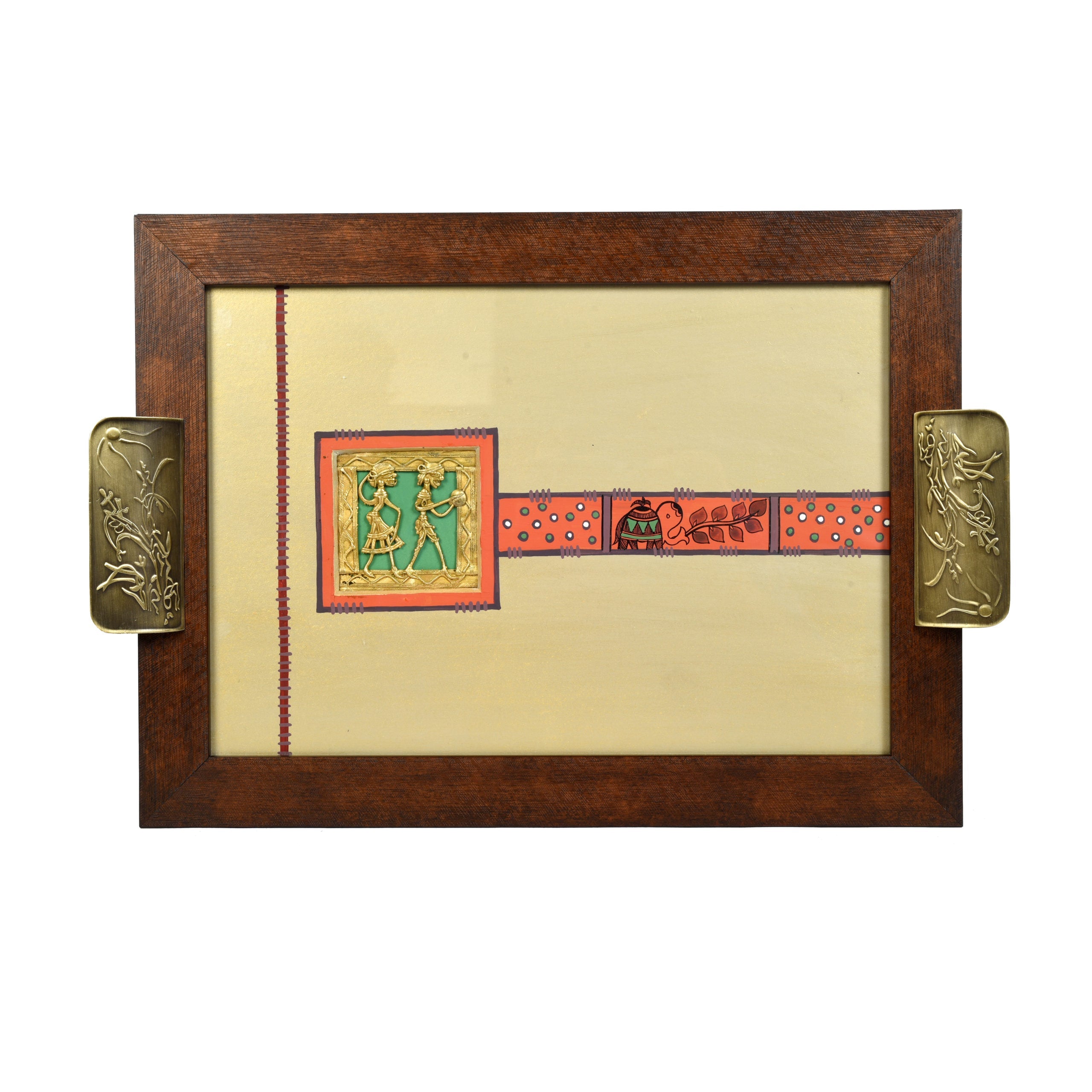 ART CREATIONS BY SUMAN SONTHALIA Beige - Wooden Rectangle Serving Tray with Brass Handles (17x12x1.4) - view 2