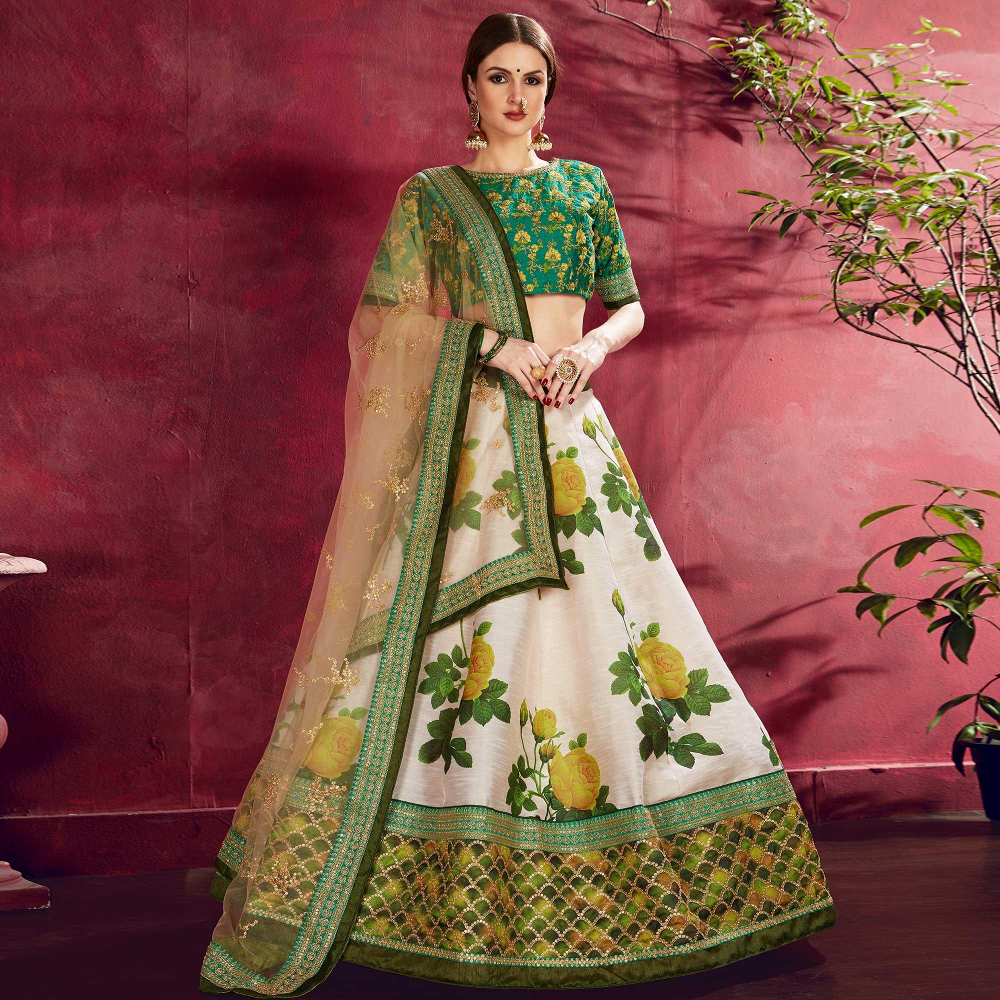 White lehengas – BlackTree graceful-off-white-colored-designer-digital-print-and-embroidered-banglori-silk-lehenga-choli