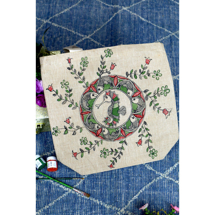 DIORAMA DESIGNS Beige - Madhubani Marvel Handpainted Cotton Jute Tote Bag