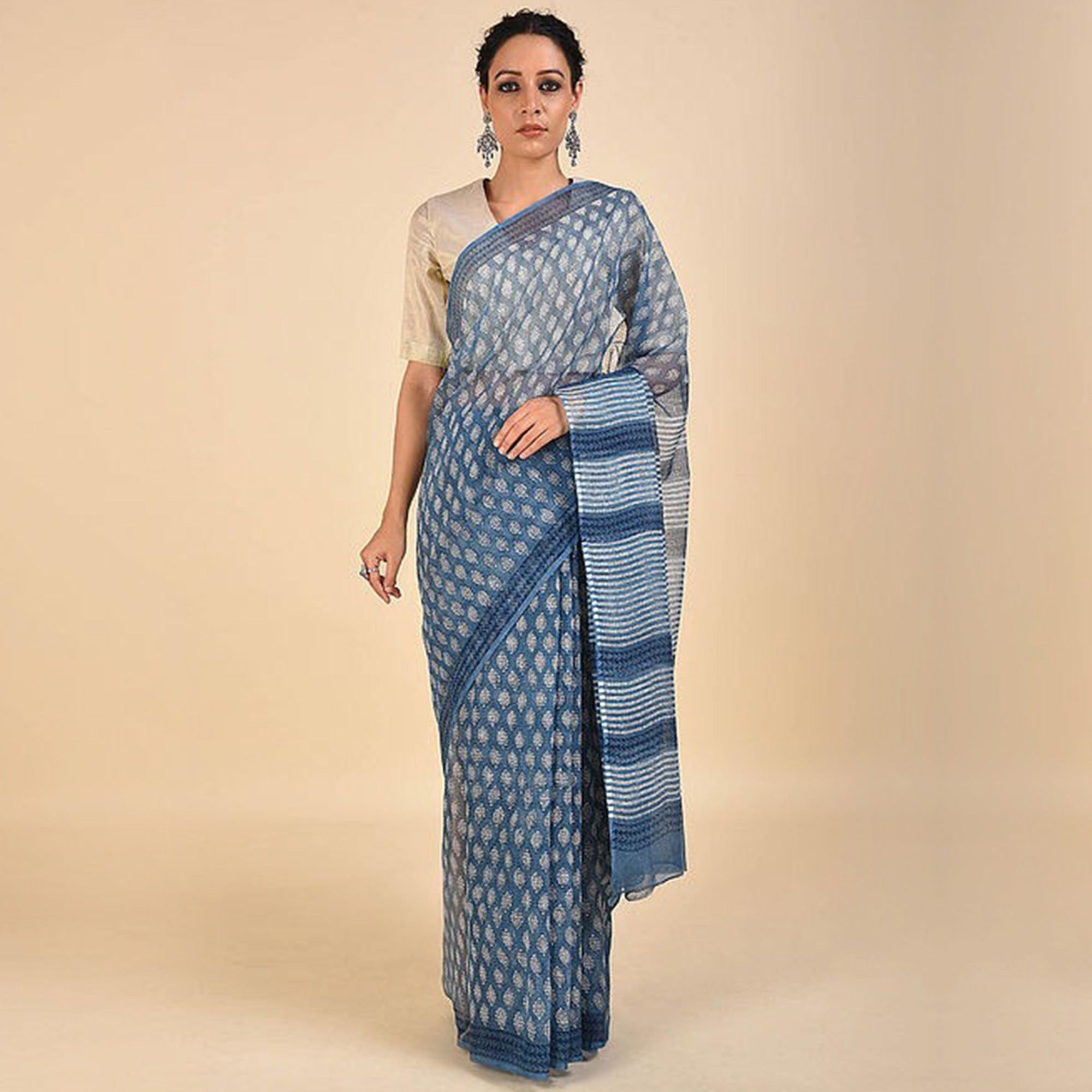 Peachmode Ideal Blue Colored Casual Printed Silk Saree