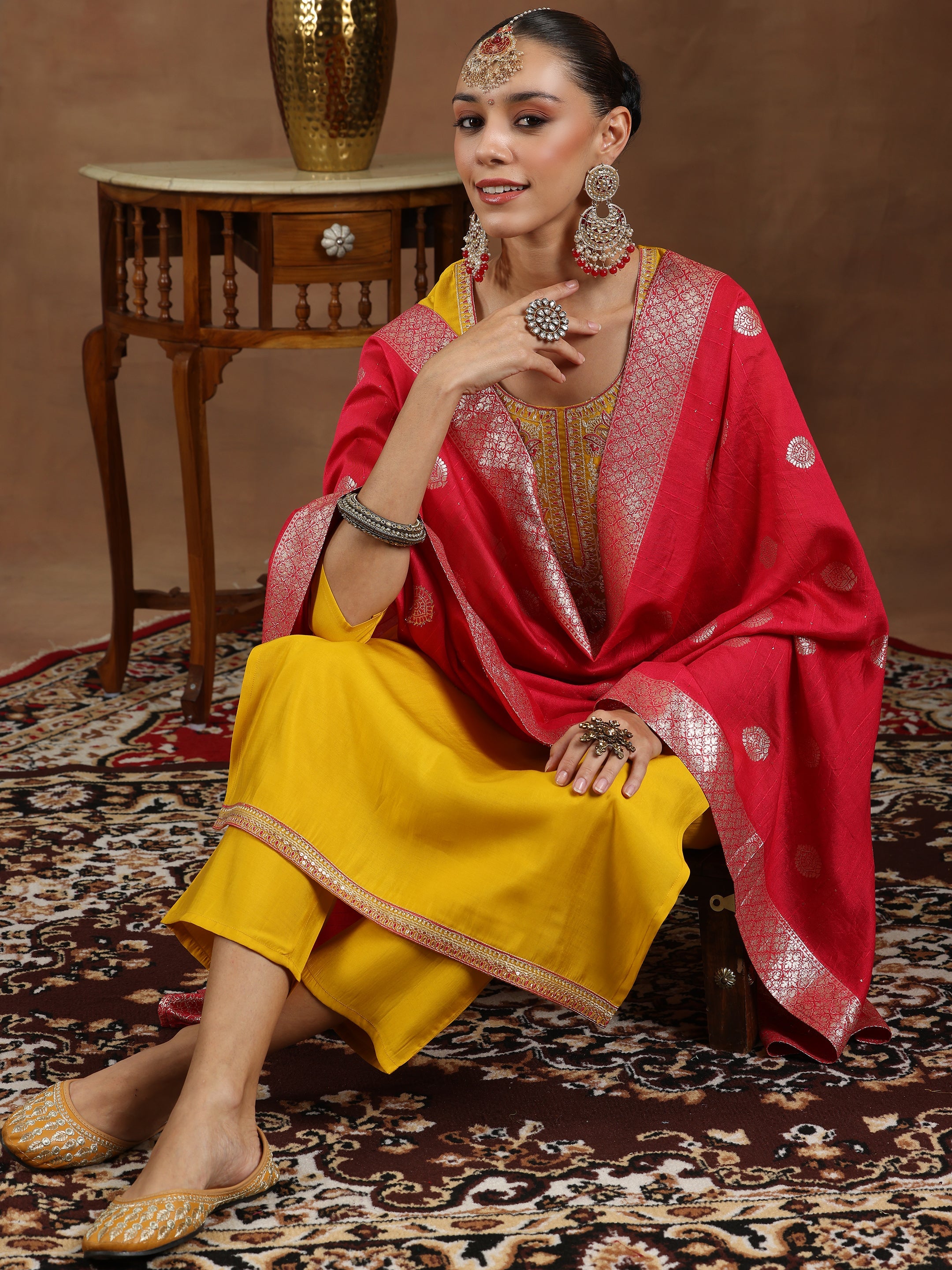 Gerua By Libas Mustard Yoke Design Silk Blend Straight Suit With Dupatta