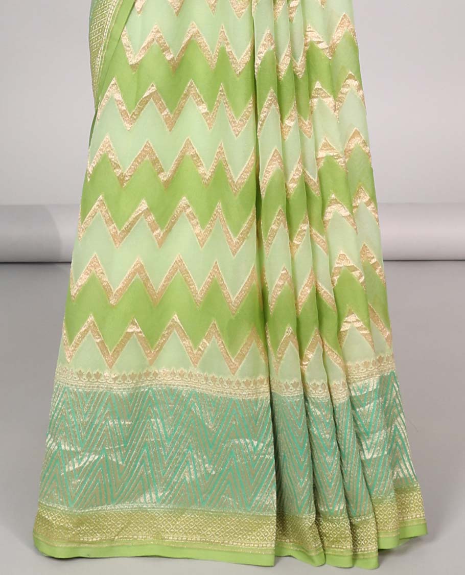 Pothys Green zig-zag striped banaras georgette saree with contrast border & geometric design pallu - view 4