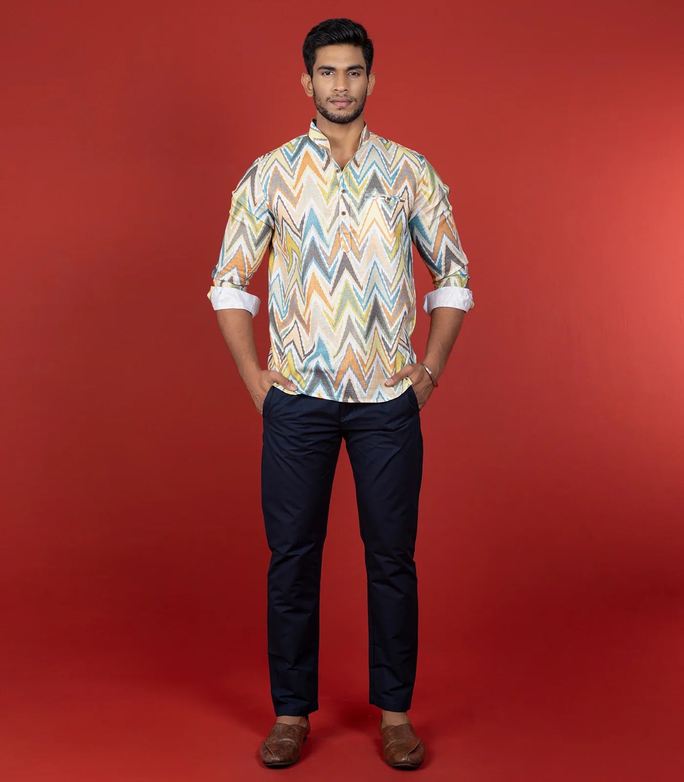 RmKV Multicolor Chevron Short Kurta With Mandarin Collar-Multi colour