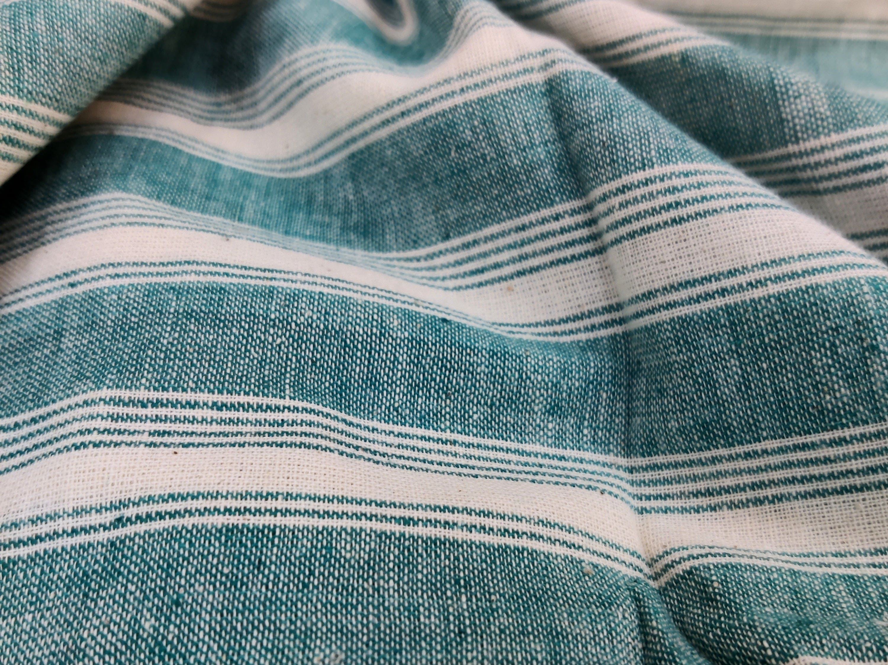 IndianVillèz Off White with Turquoise Stripes Kotpad Handloom Fabric - view 2