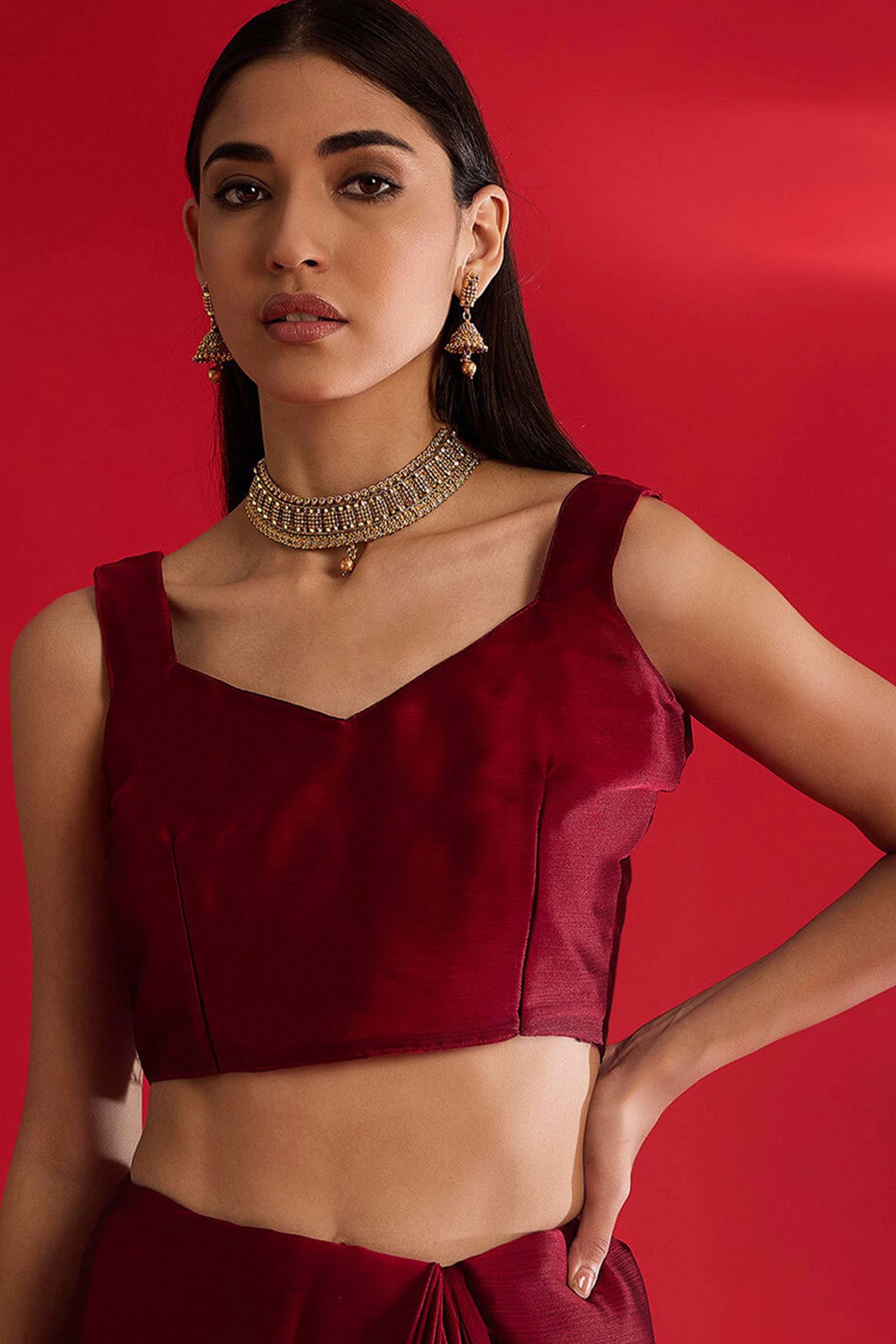 Peachmode Maroon Solid With Embellished Bordered Chiffon Sarees - view 5