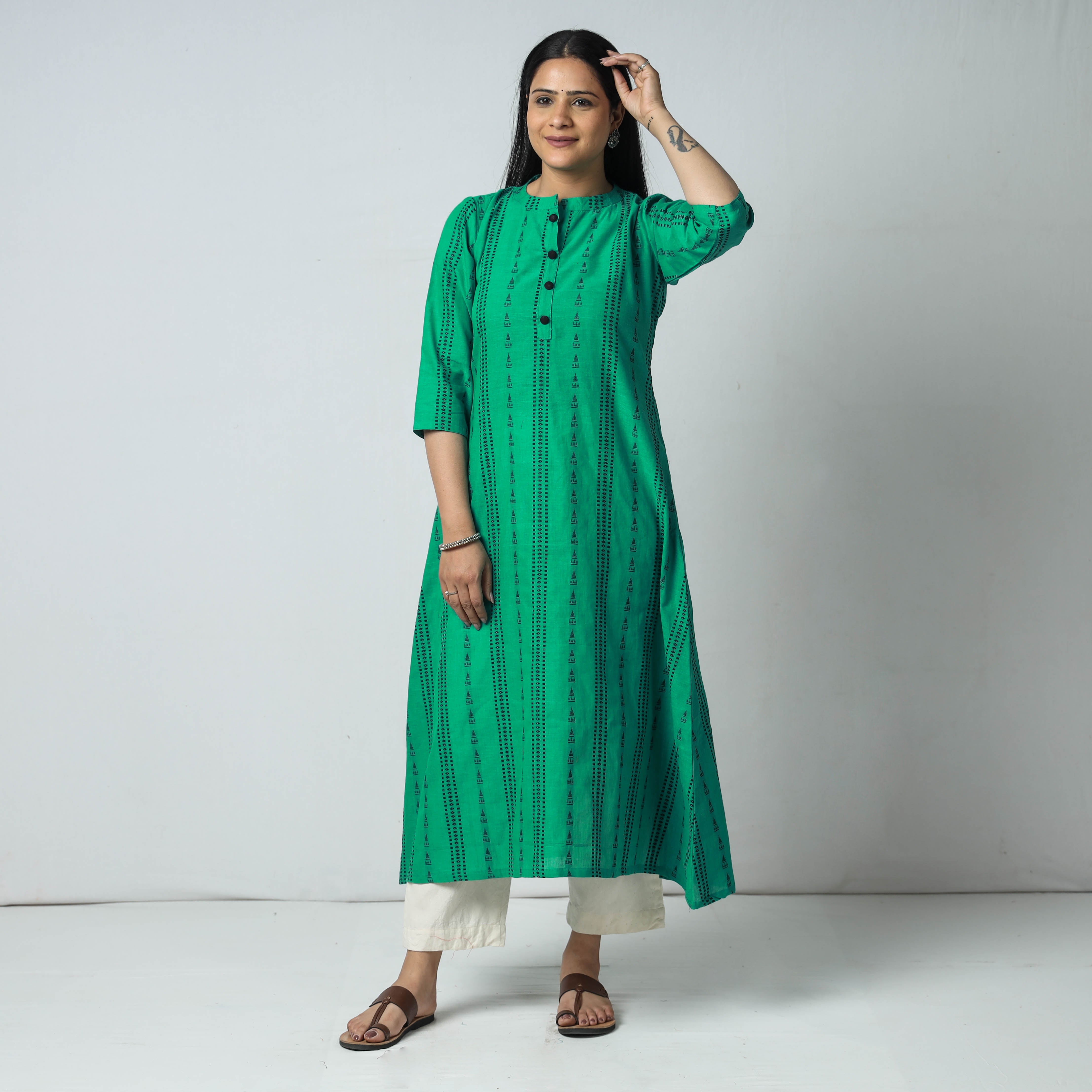 ITOKRI CASUALS Aqua Green - Jacquard Cotton A-Line Long Kurta - view 3