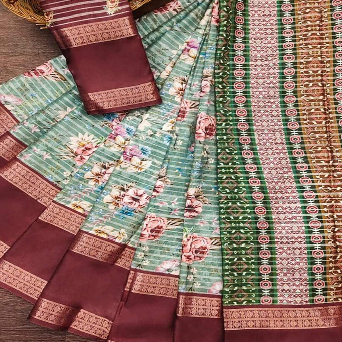 Peachmode Mint Green Floral Digital Printed Cotton Silk Saree - view 2