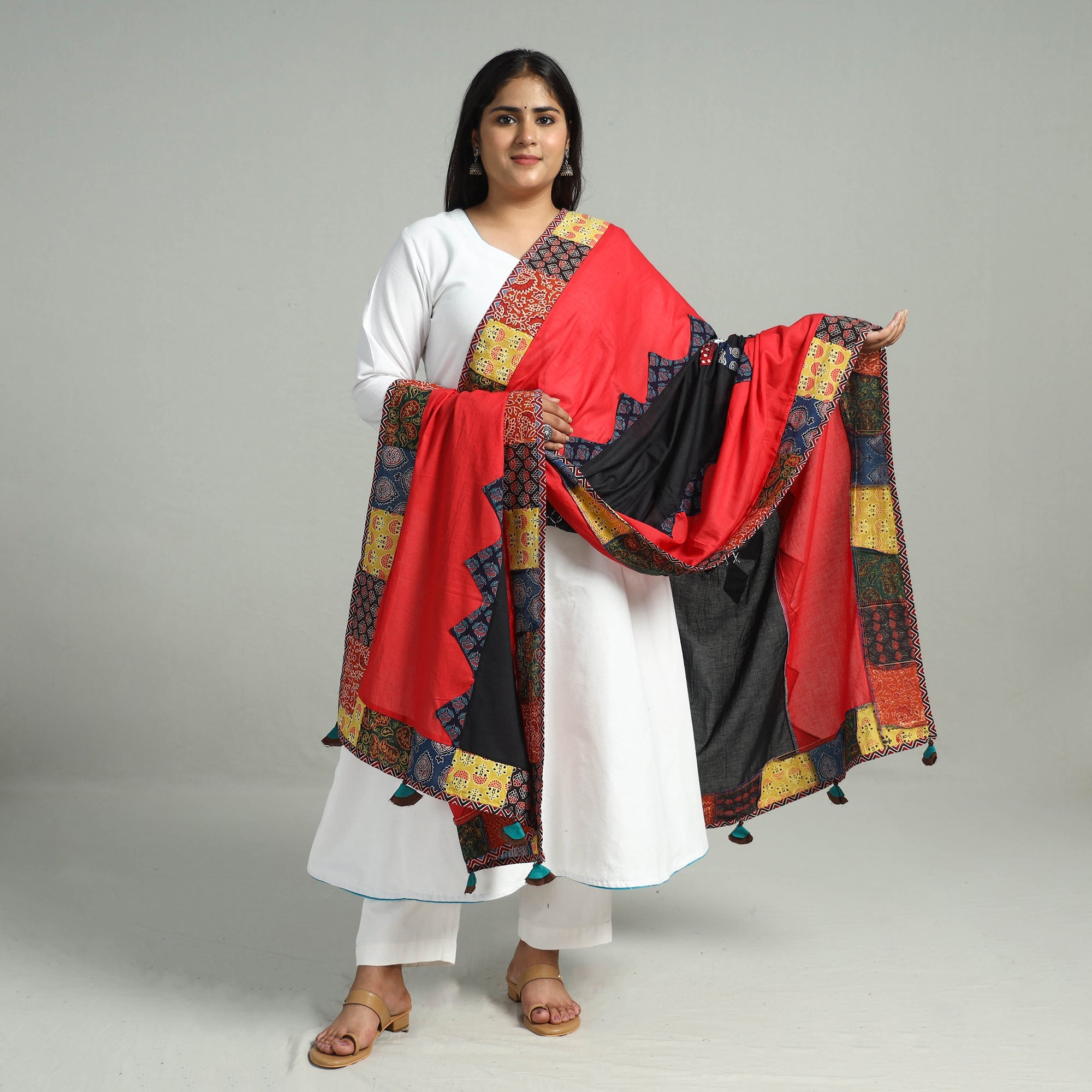 SHADES OF MARUDHARA Applique Patchwork Cotton Ajrakh Dupatta with Mirror Work 22