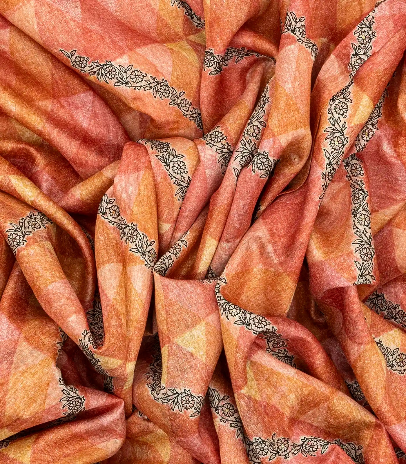RmKV Dark Peach Handloom Tussar Silk Saree Printed With Geometric & Floral Motifs - view 7